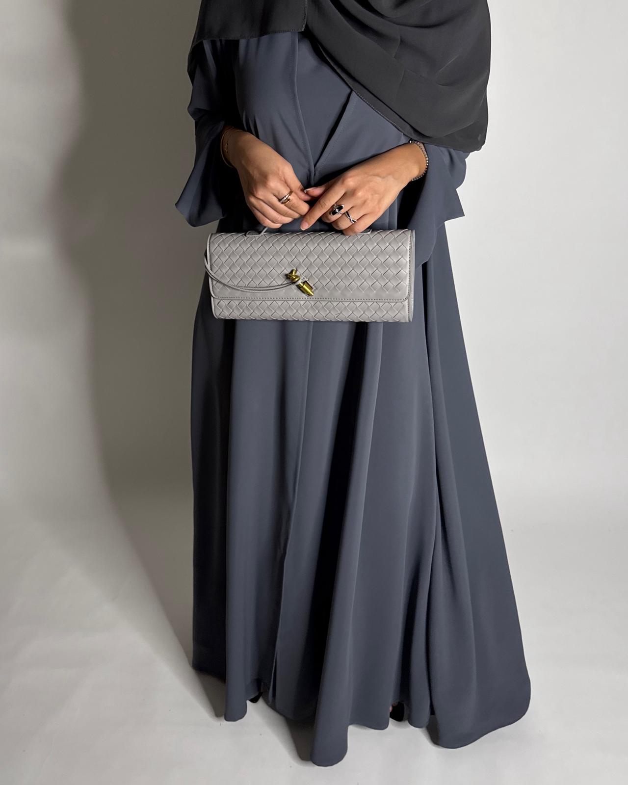 A653 - Gray Flowy Abaya with Flared Sleeves, Under Abaya Dress & Head Scarf
