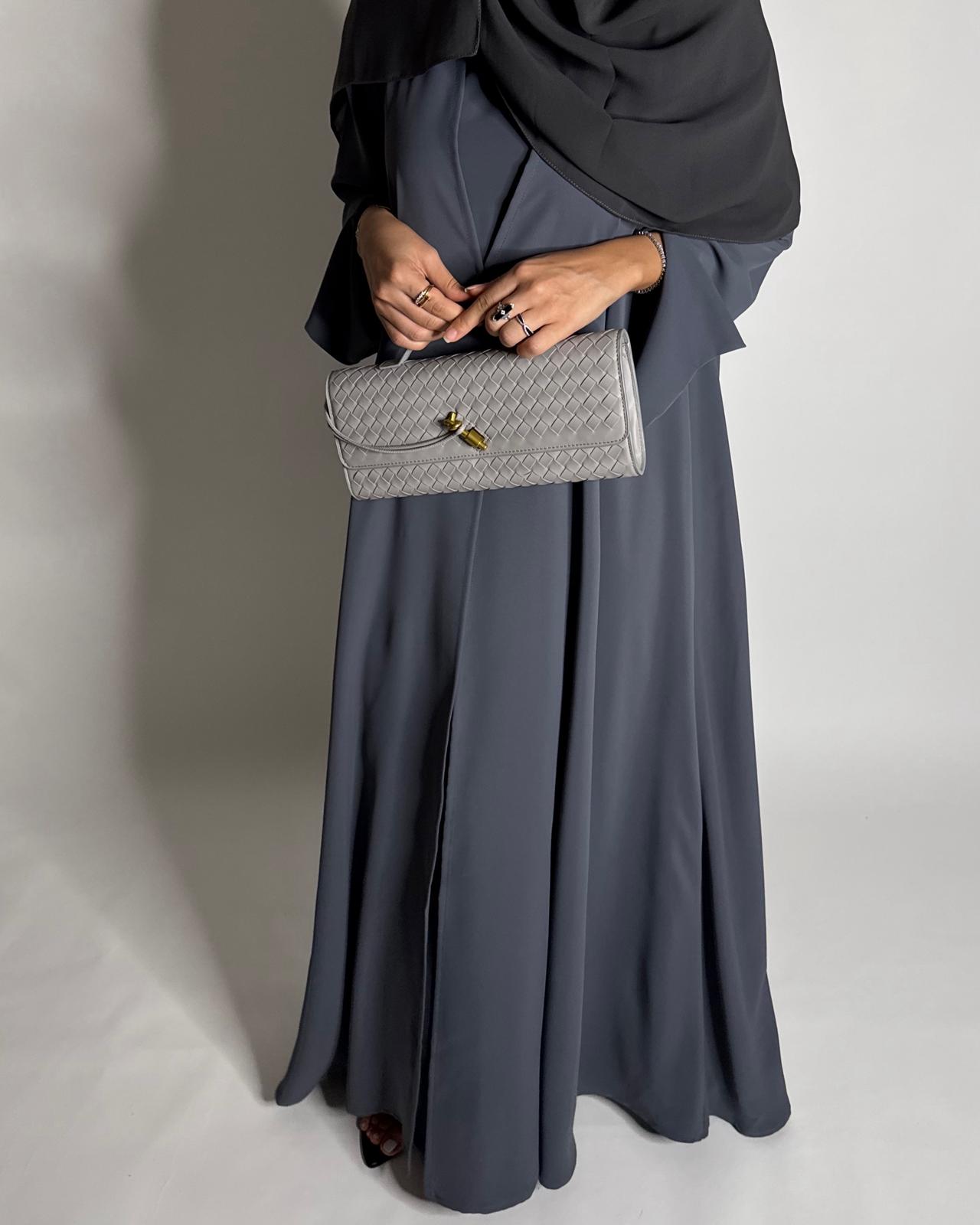 A653 - Gray Flowy Abaya with Flared Sleeves, Under Abaya Dress & Head Scarf