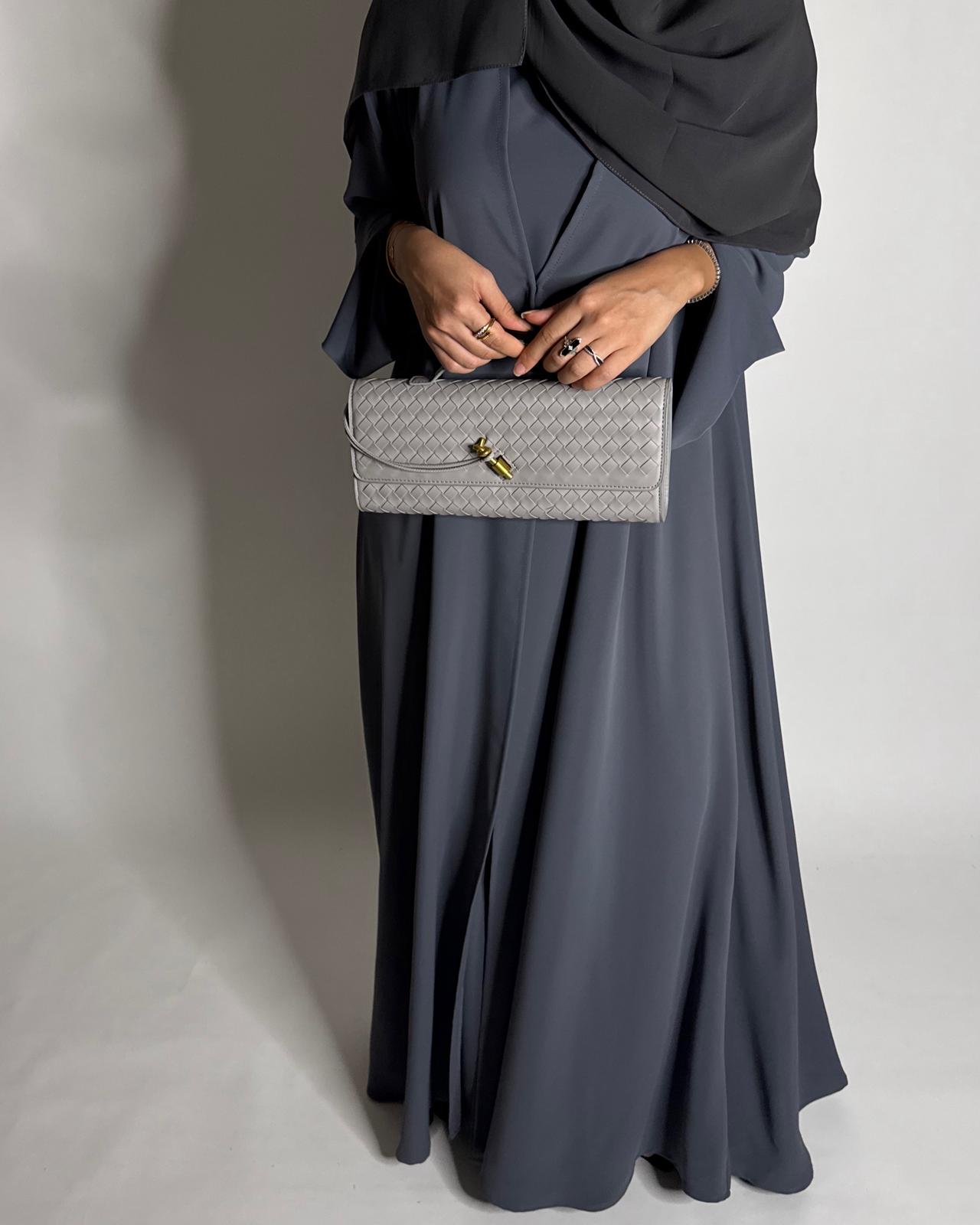 A653 - Gray Flowy Abaya with Flared Sleeves, Under Abaya Dress & Head Scarf