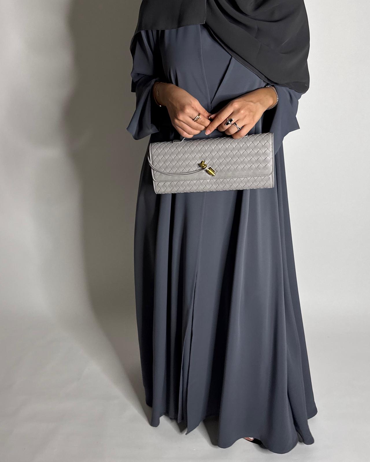 A653 - Gray Flowy Abaya with Flared Sleeves, Under Abaya Dress & Head Scarf