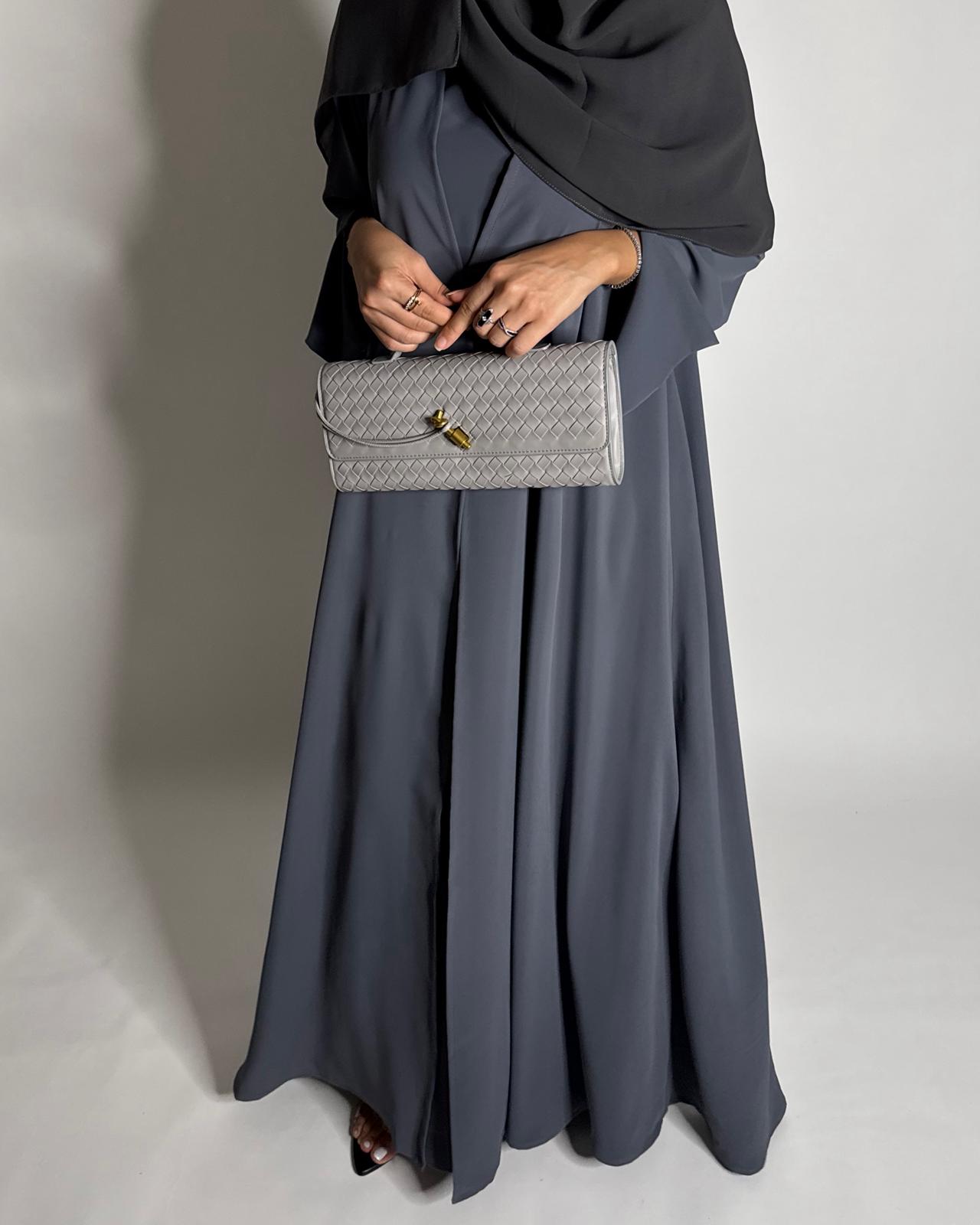 A653 - Gray Flowy Abaya with Flared Sleeves, Under Abaya Dress & Head Scarf