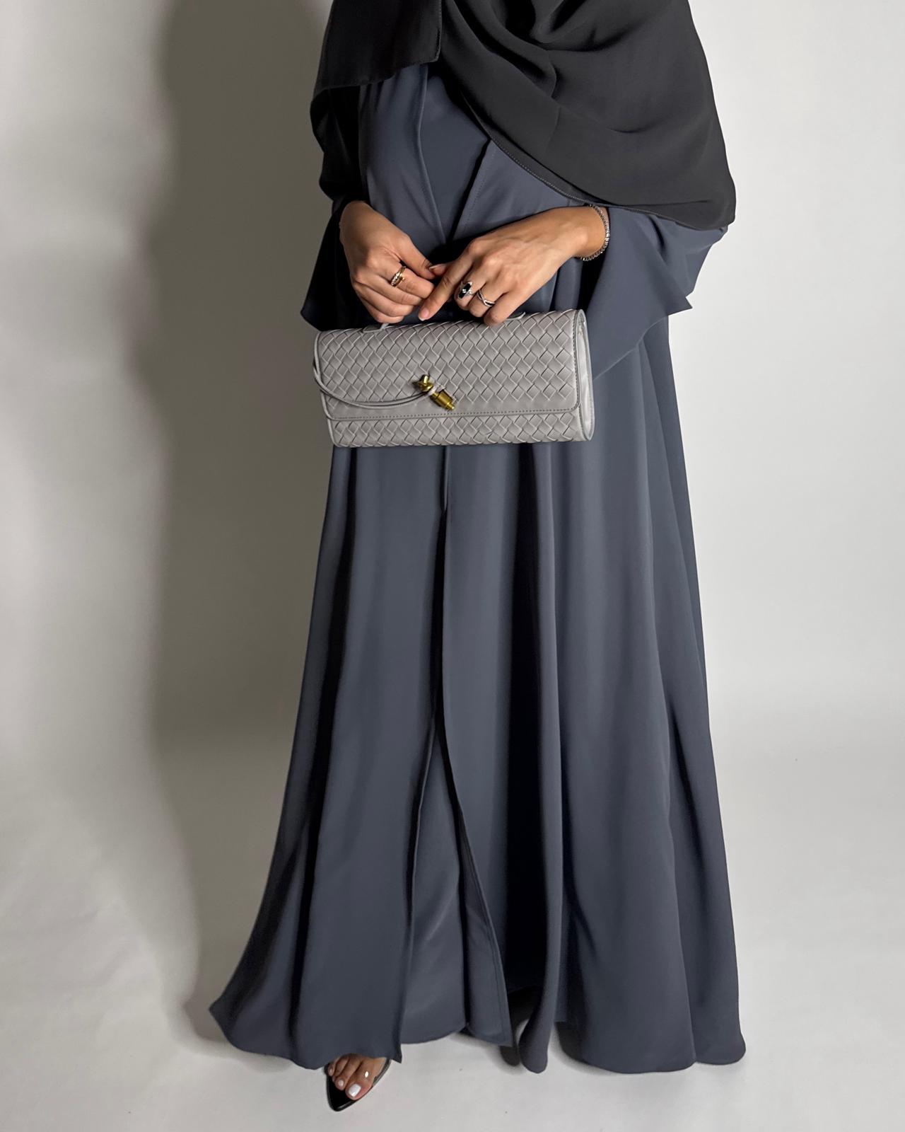 A653 - Gray Flowy Abaya with Flared Sleeves, Under Abaya Dress & Head Scarf
