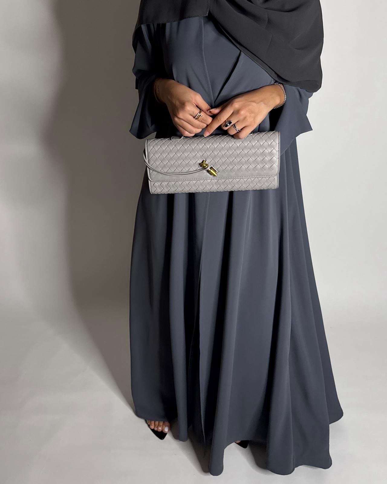 A653 - Gray Flowy Abaya with Flared Sleeves, Under Abaya Dress & Head Scarf