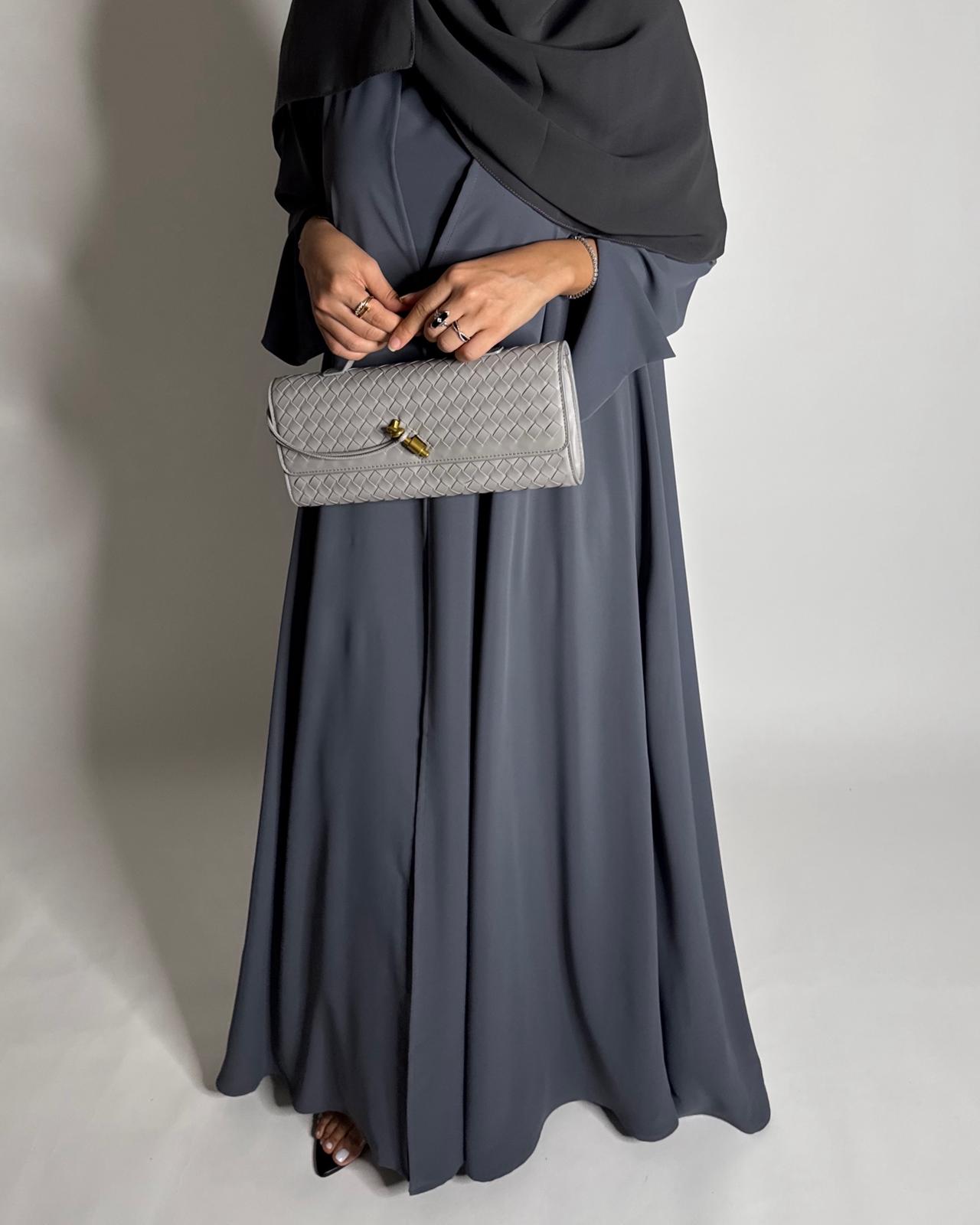 A653 - Gray Flowy Abaya with Flared Sleeves, Under Abaya Dress & Head Scarf