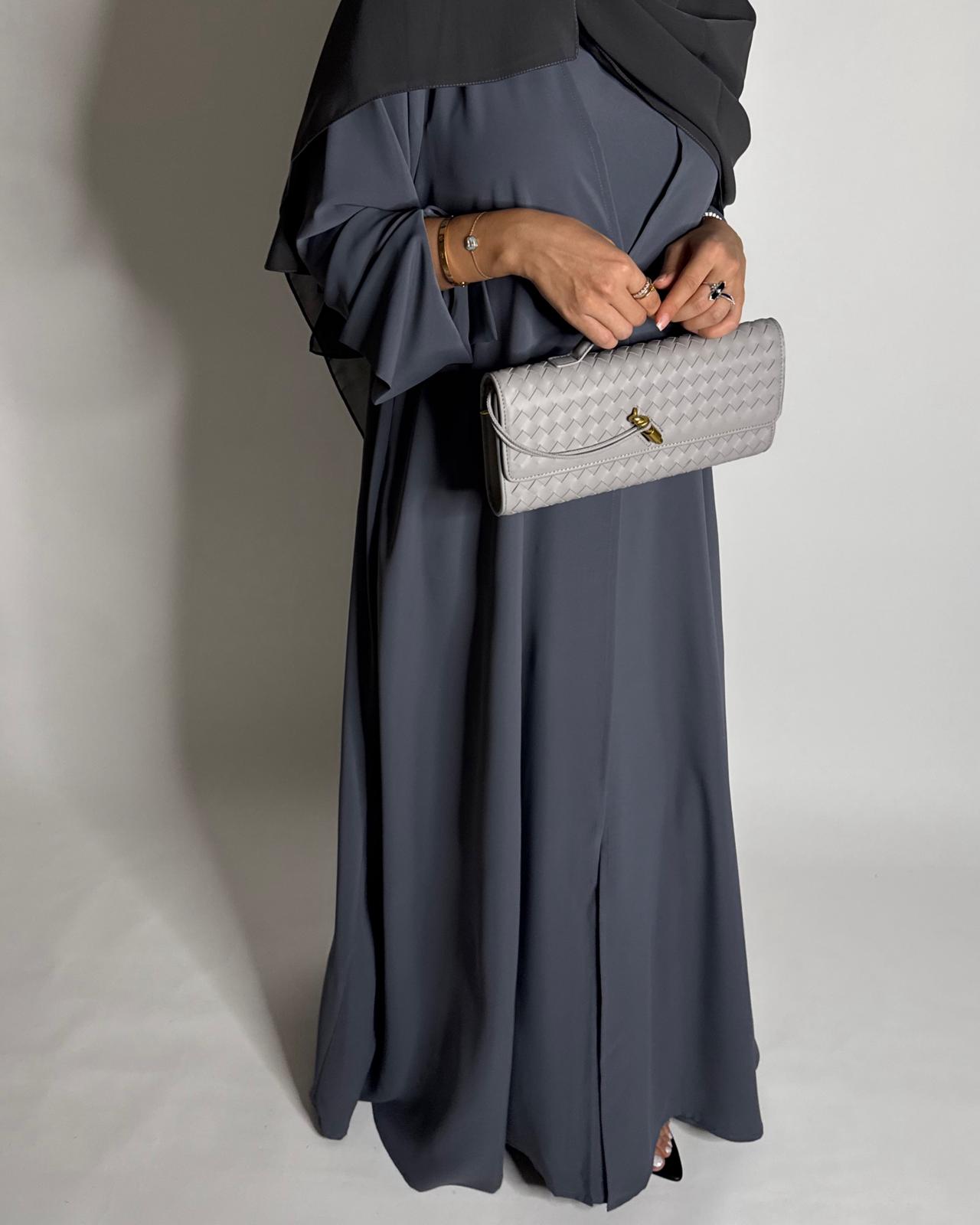 A653 - Gray Flowy Abaya with Flared Sleeves, Under Abaya Dress & Head Scarf
