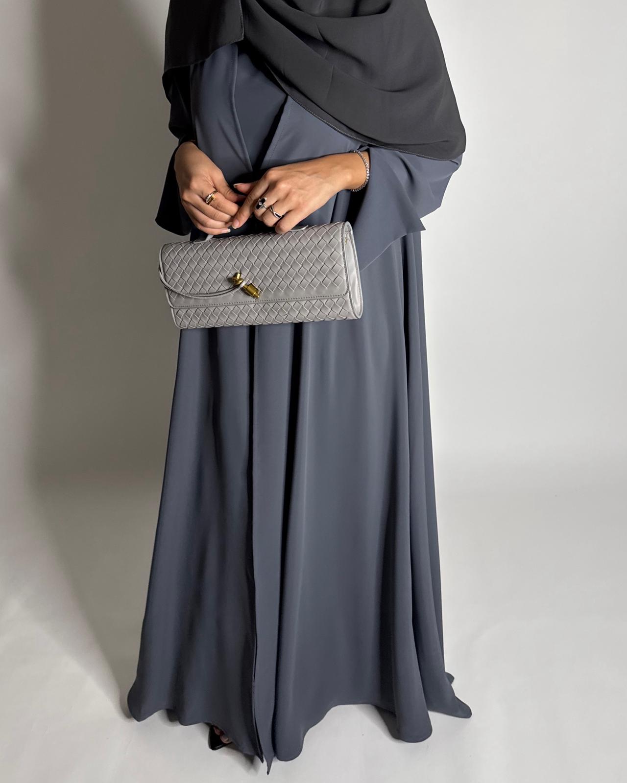 A653 - Gray Flowy Abaya with Flared Sleeves, Under Abaya Dress & Head Scarf