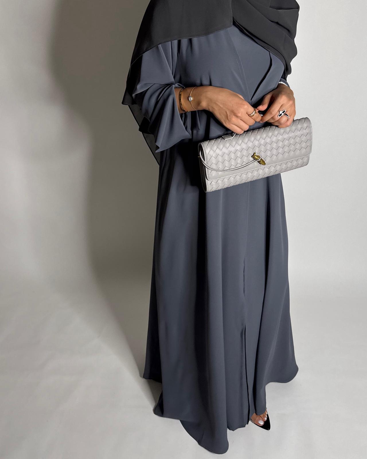 A653 - Gray Flowy Abaya with Flared Sleeves, Under Abaya Dress & Head Scarf