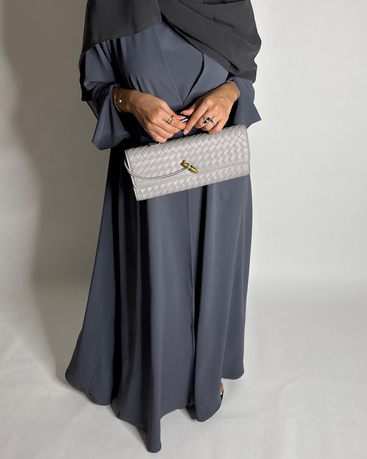 A653 - Gray Flowy Abaya with Flared Sleeves, Under Abaya Dress & Head Scarf