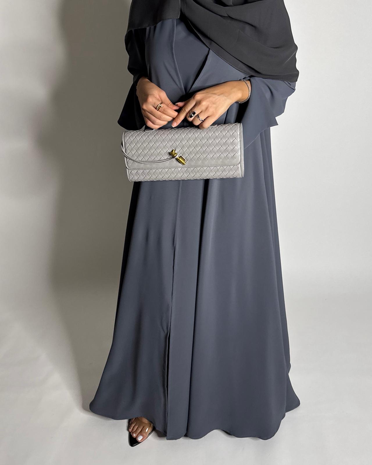A653 - Gray Flowy Abaya with Flared Sleeves, Under Abaya Dress & Head Scarf