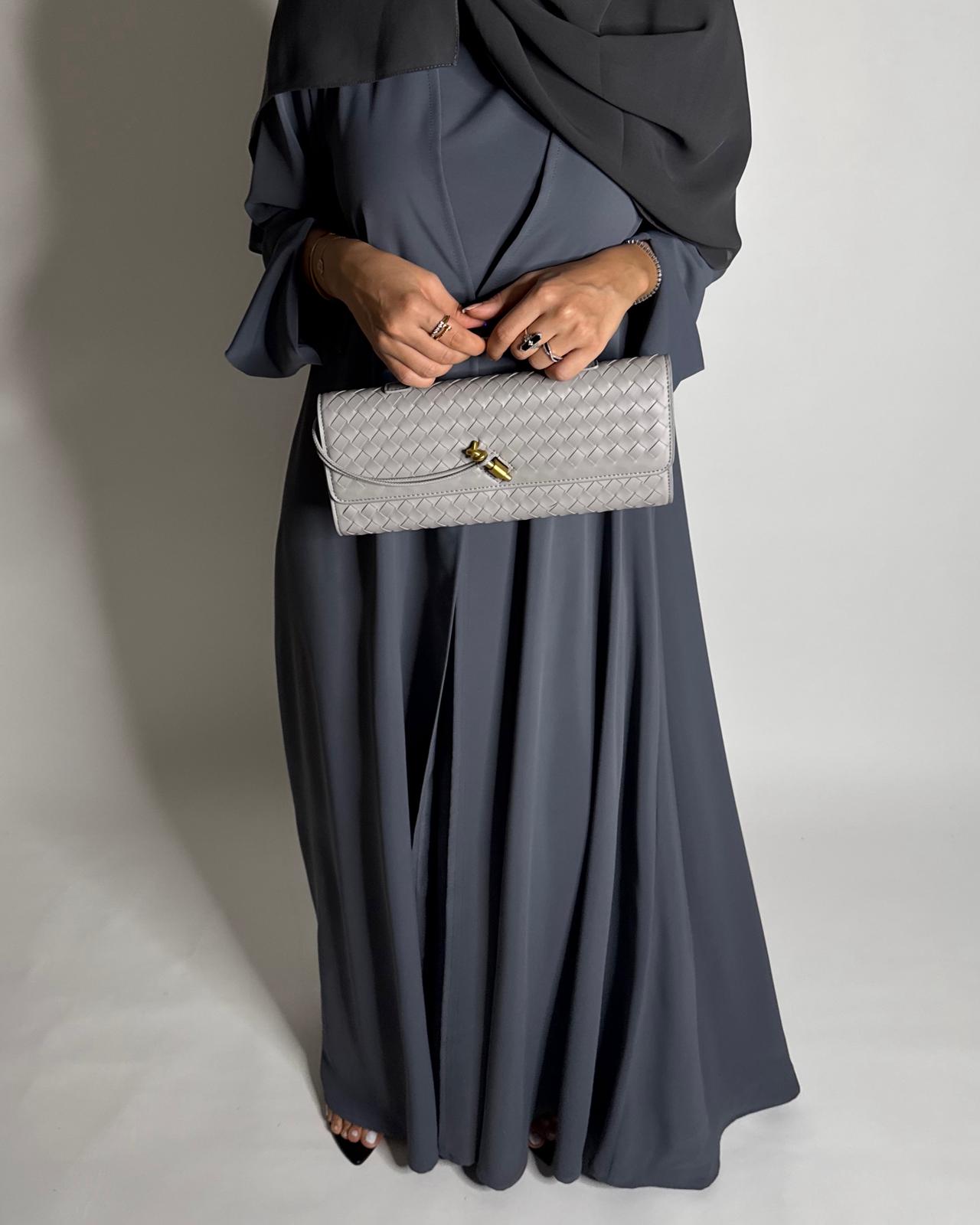 A653 - Gray Flowy Abaya with Flared Sleeves, Under Abaya Dress & Head Scarf