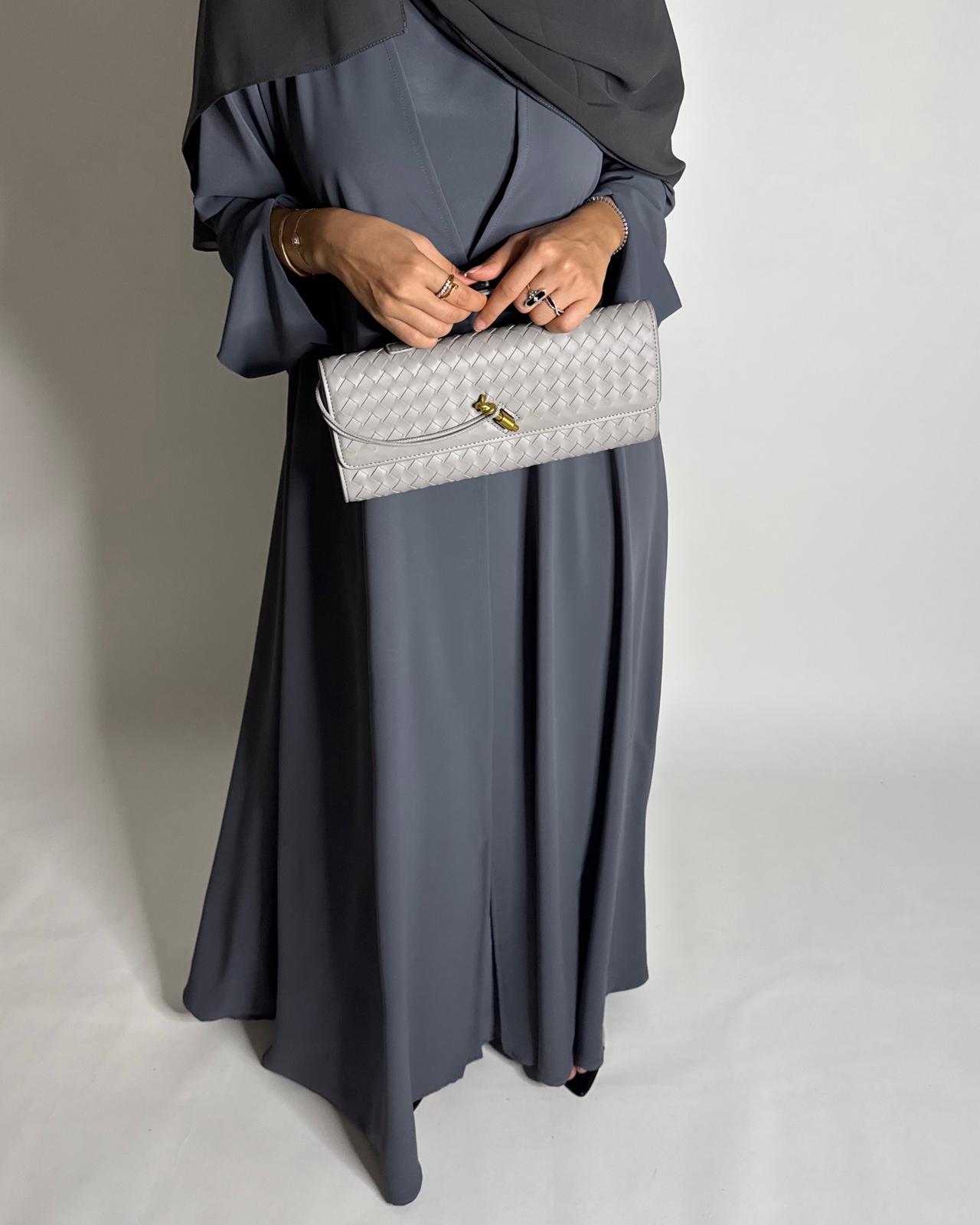 A653 - Gray Flowy Abaya with Flared Sleeves, Under Abaya Dress & Head Scarf