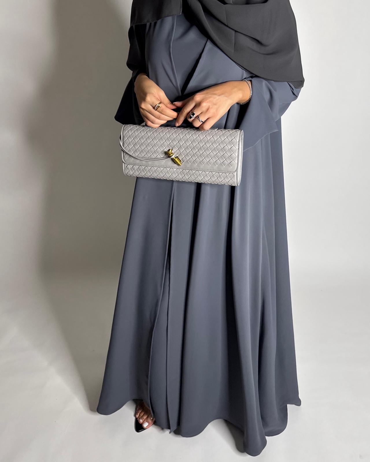 A653 - Gray Flowy Abaya with Flared Sleeves, Under Abaya Dress & Head Scarf
