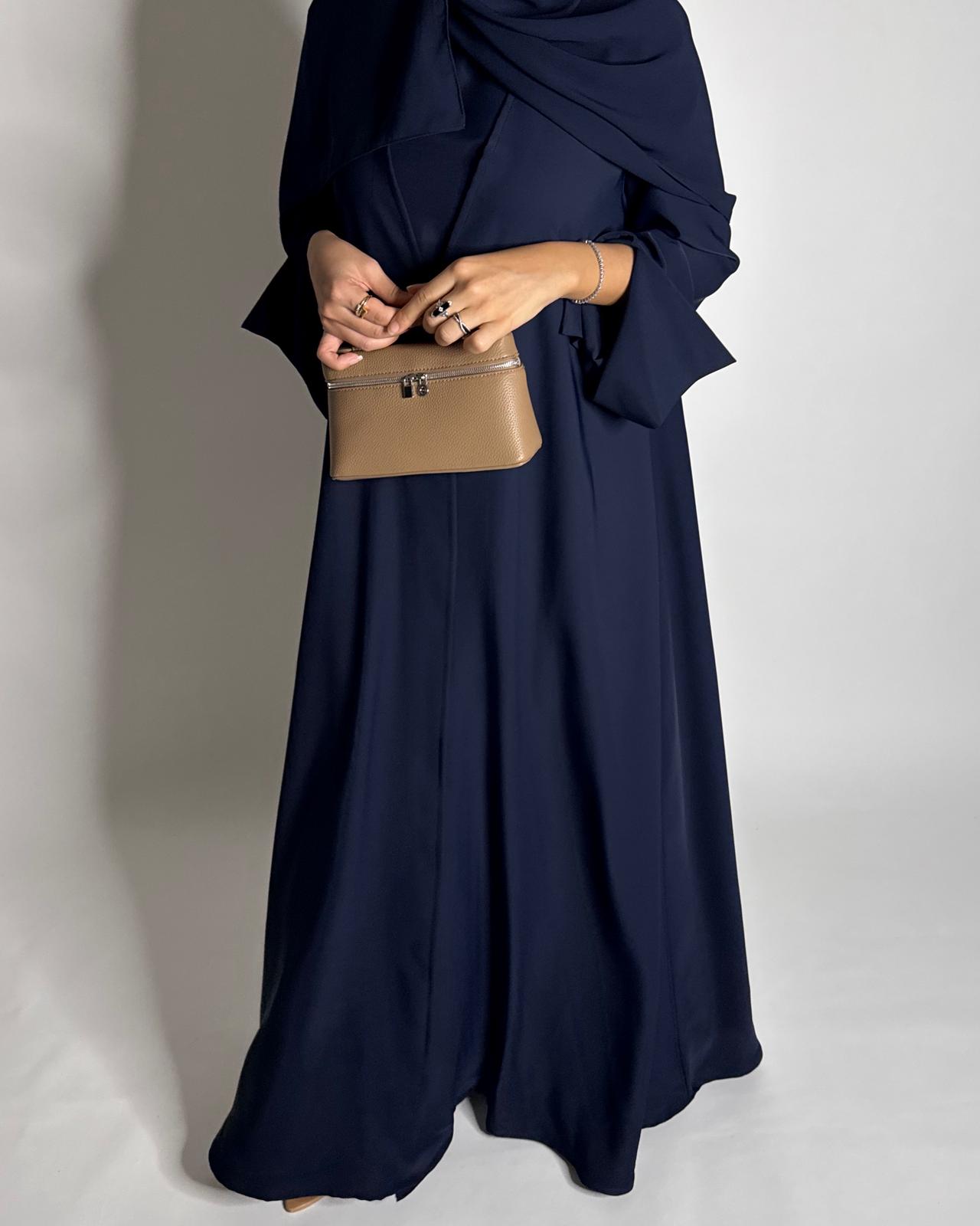 A655 - Navy Blue Flowy Abaya with Flared Sleeves, Under Abaya Dress & Head Scarf