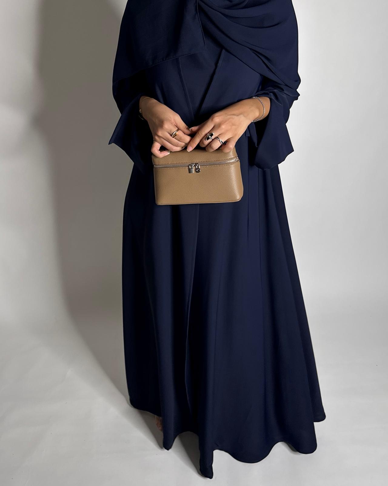 A655 - Navy Blue Flowy Abaya with Flared Sleeves, Under Abaya Dress & Head Scarf