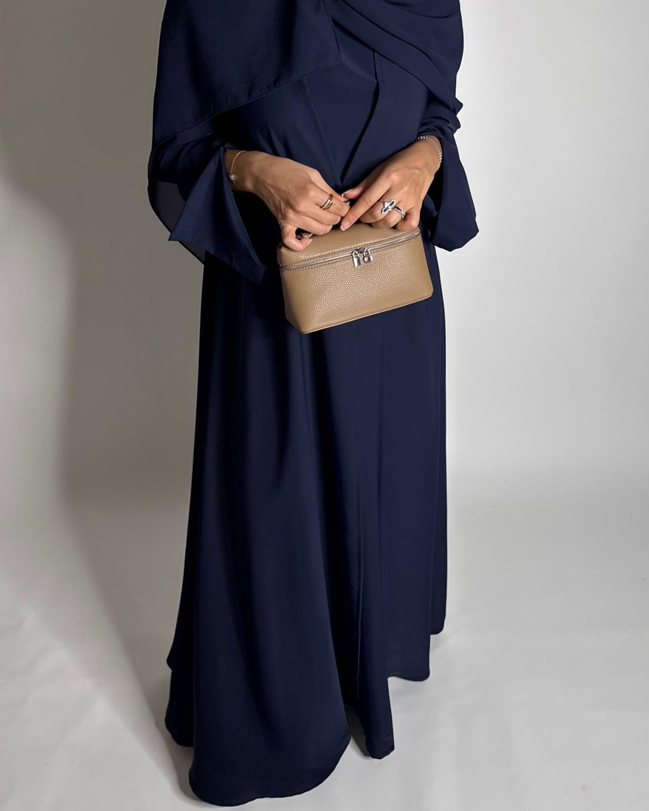 A655 - Navy Blue Flowy Abaya with Flared Sleeves, Under Abaya Dress & Head Scarf