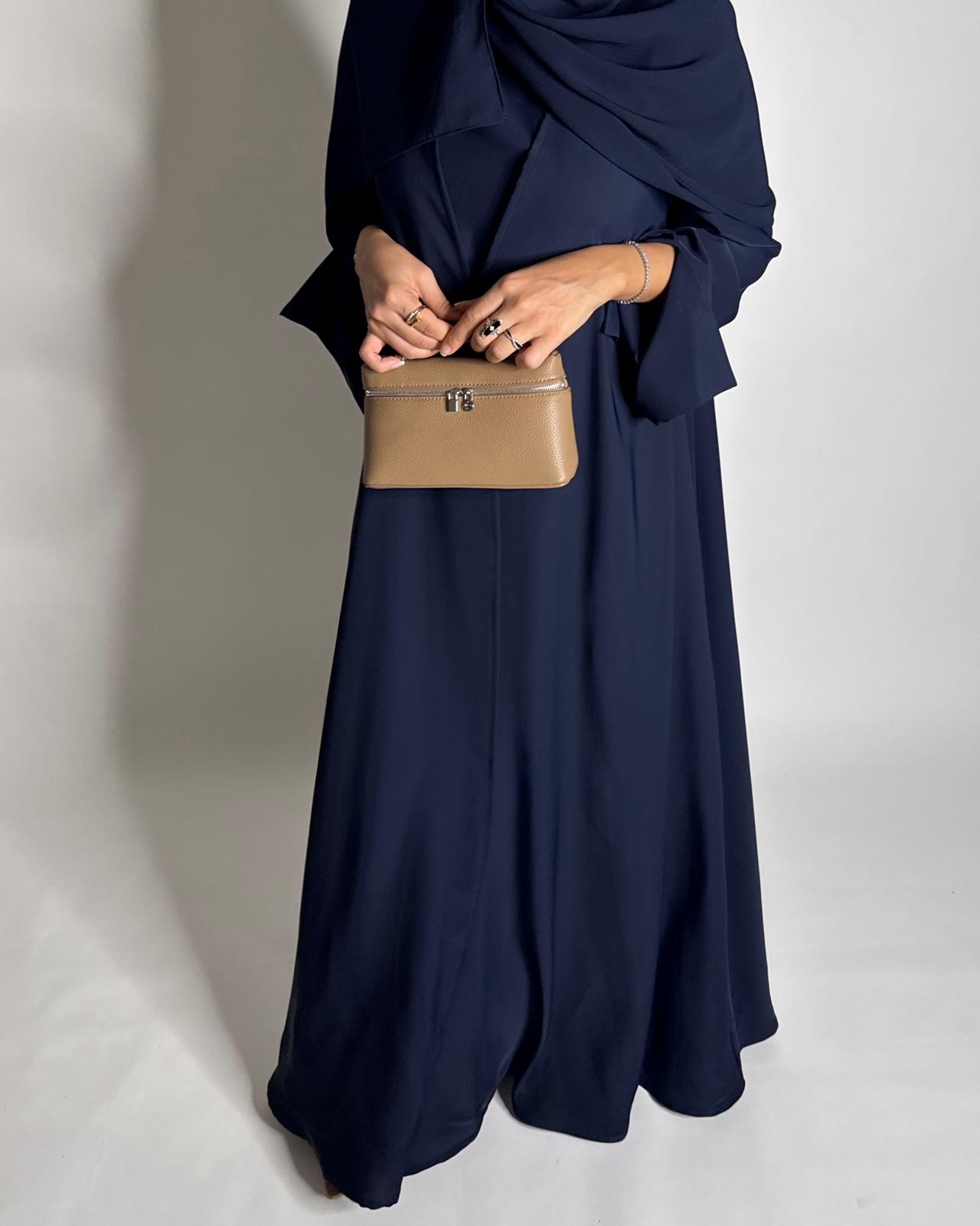 A655 - Navy Blue Flowy Abaya with Flared Sleeves, Under Abaya Dress & Head Scarf