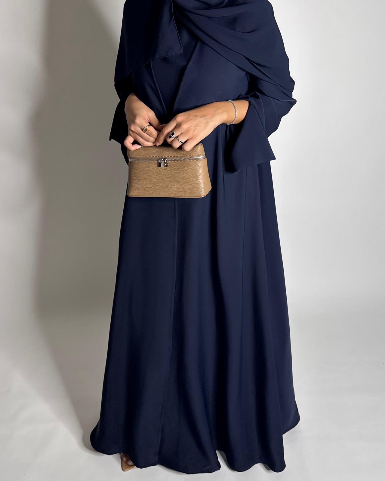 A655 - Navy Blue Flowy Abaya with Flared Sleeves, Under Abaya Dress & Head Scarf