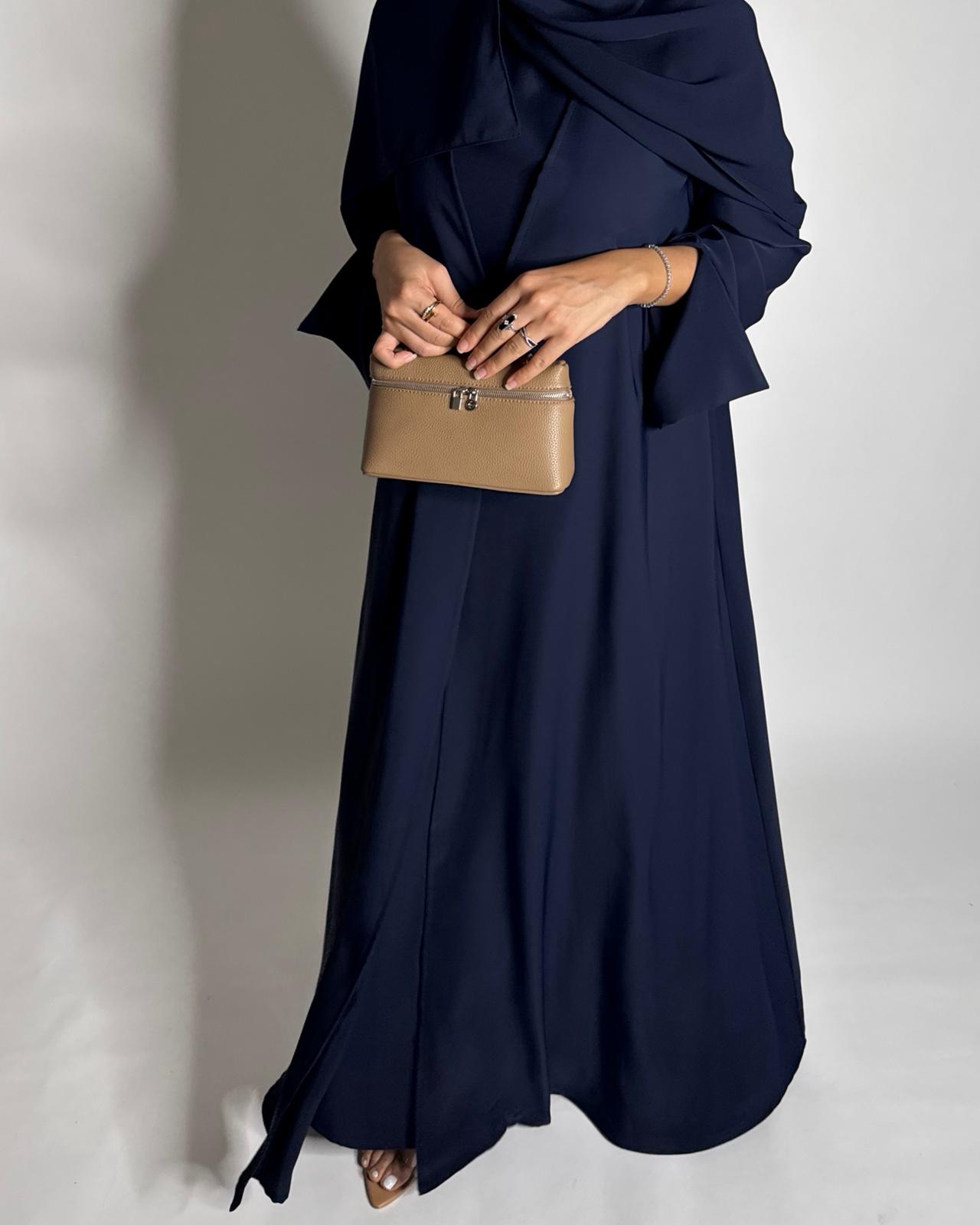 A655 - Navy Blue Flowy Abaya with Flared Sleeves, Under Abaya Dress & Head Scarf