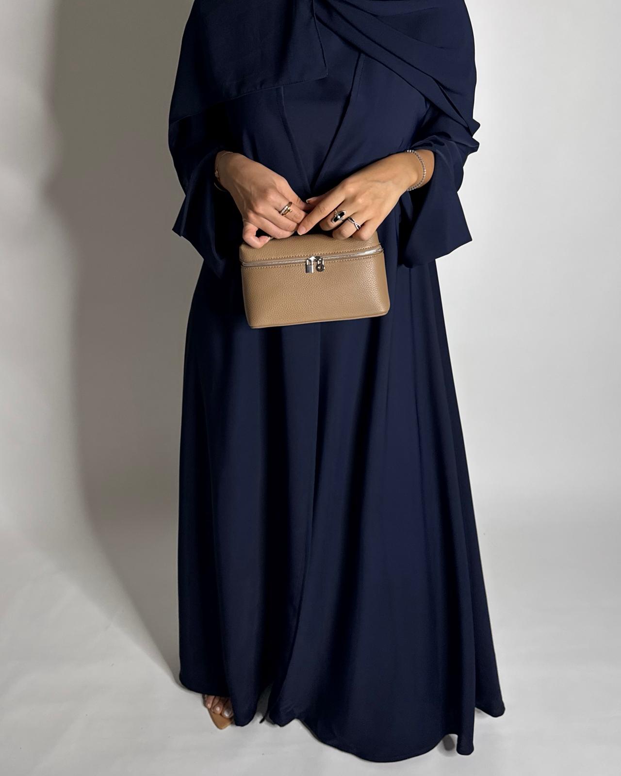 A655 - Navy Blue Flowy Abaya with Flared Sleeves, Under Abaya Dress & Head Scarf