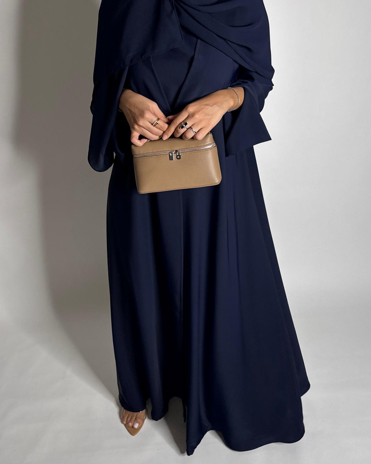 A655 - Navy Blue Flowy Abaya with Flared Sleeves, Under Abaya Dress & Head Scarf