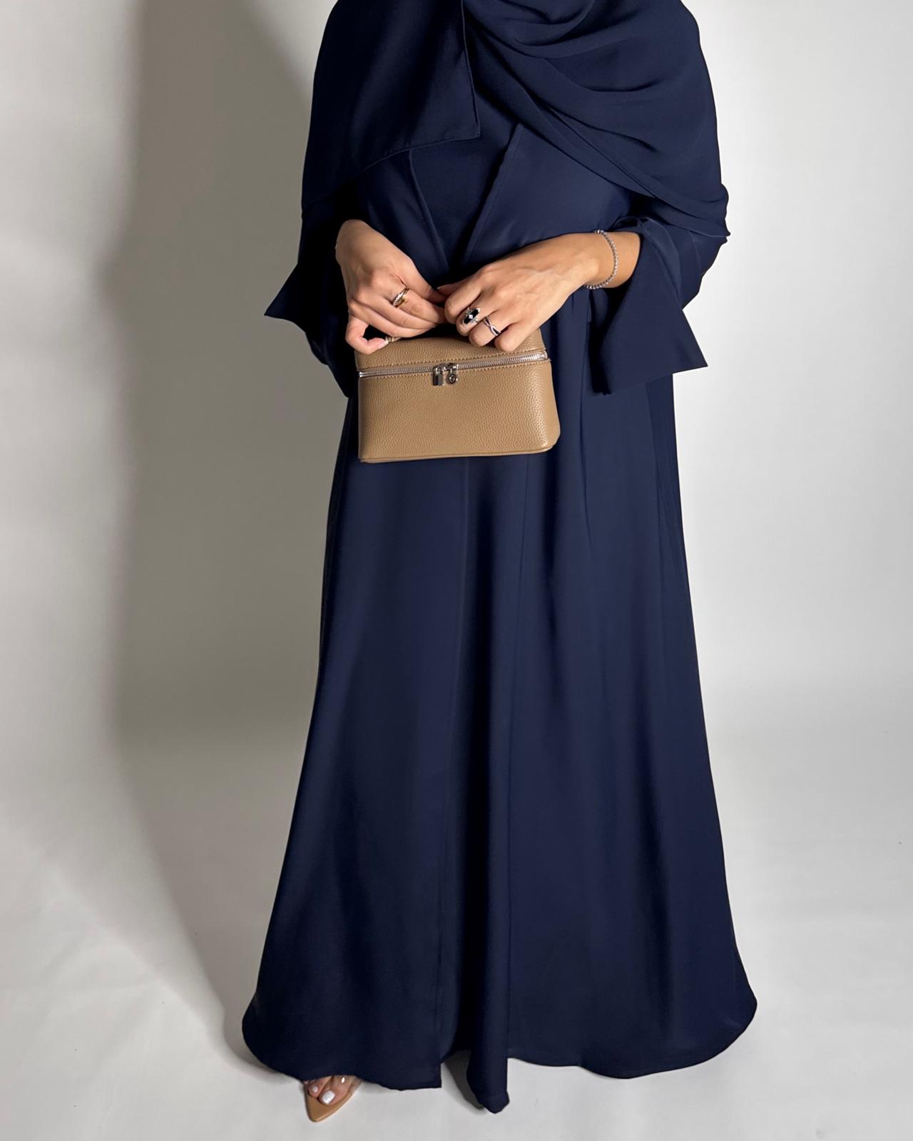 A655 - Navy Blue Flowy Abaya with Flared Sleeves, Under Abaya Dress & Head Scarf