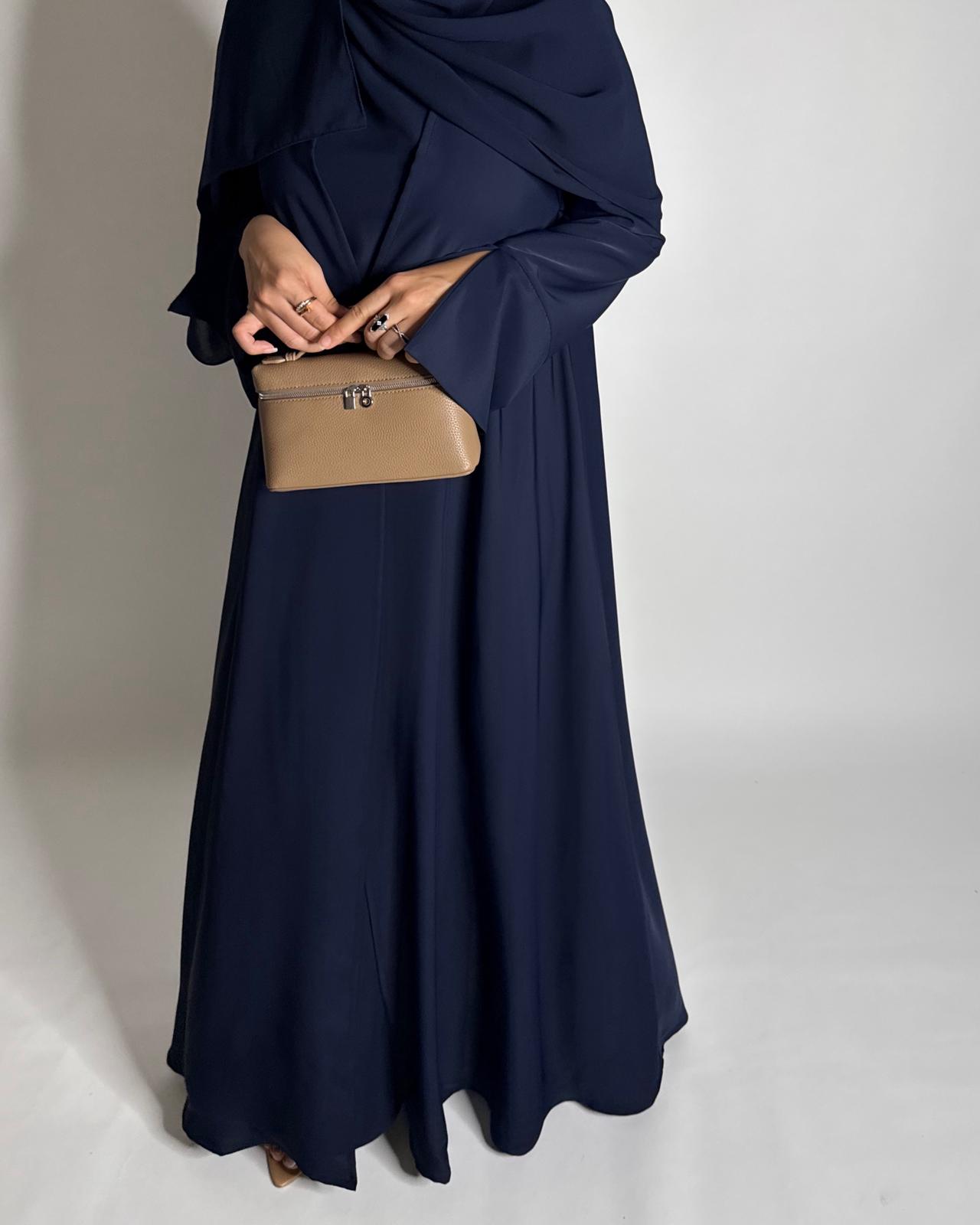 A655 - Navy Blue Flowy Abaya with Flared Sleeves, Under Abaya Dress & Head Scarf