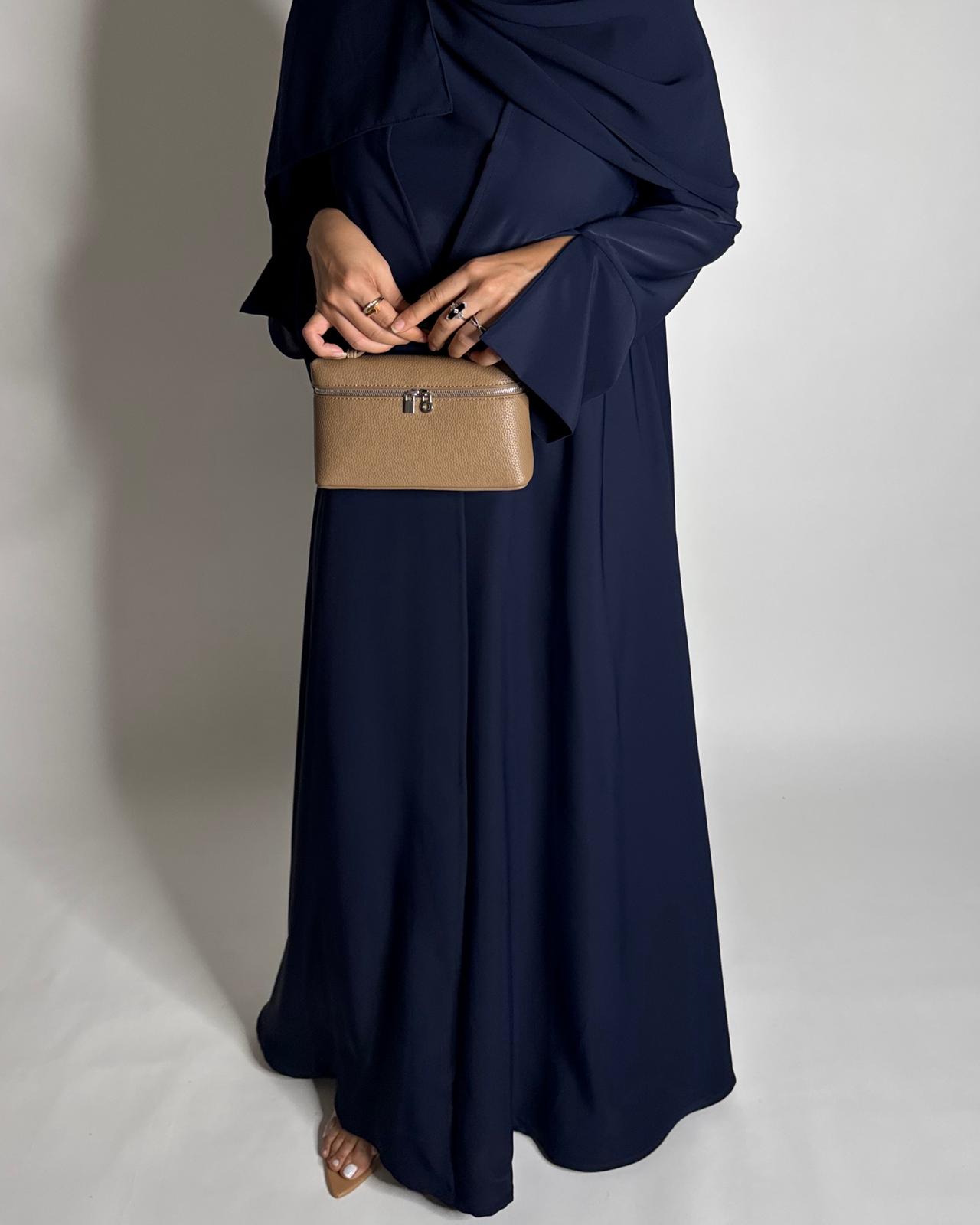 A655 - Navy Blue Flowy Abaya with Flared Sleeves, Under Abaya Dress & Head Scarf