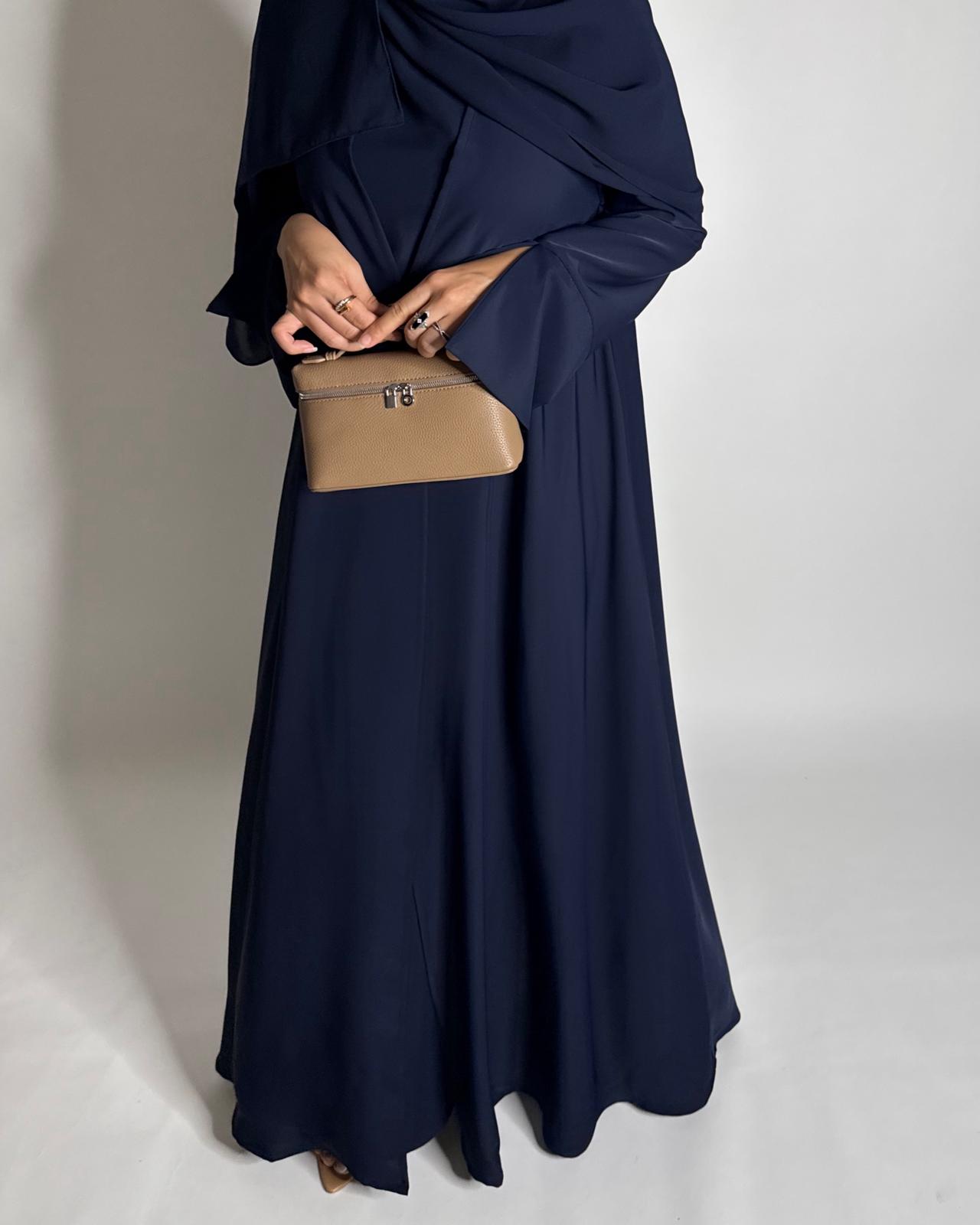 A655 - Navy Blue Flowy Abaya with Flared Sleeves, Under Abaya Dress & Head Scarf