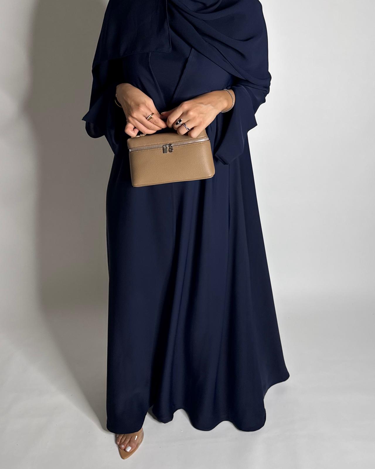 A655 - Navy Blue Flowy Abaya with Flared Sleeves, Under Abaya Dress & Head Scarf