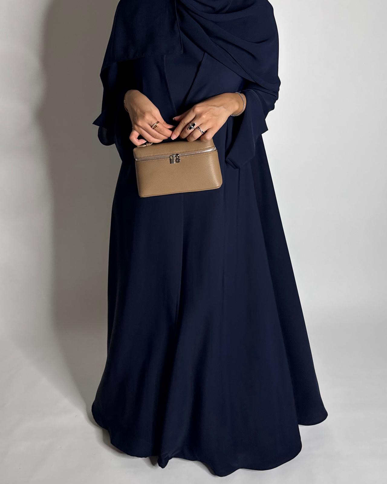 A655 - Navy Blue Flowy Abaya with Flared Sleeves, Under Abaya Dress & Head Scarf