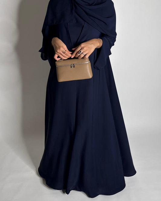 A655 - Navy Blue Flowy Abaya with Flared Sleeves, Under Abaya Dress & Head Scarf