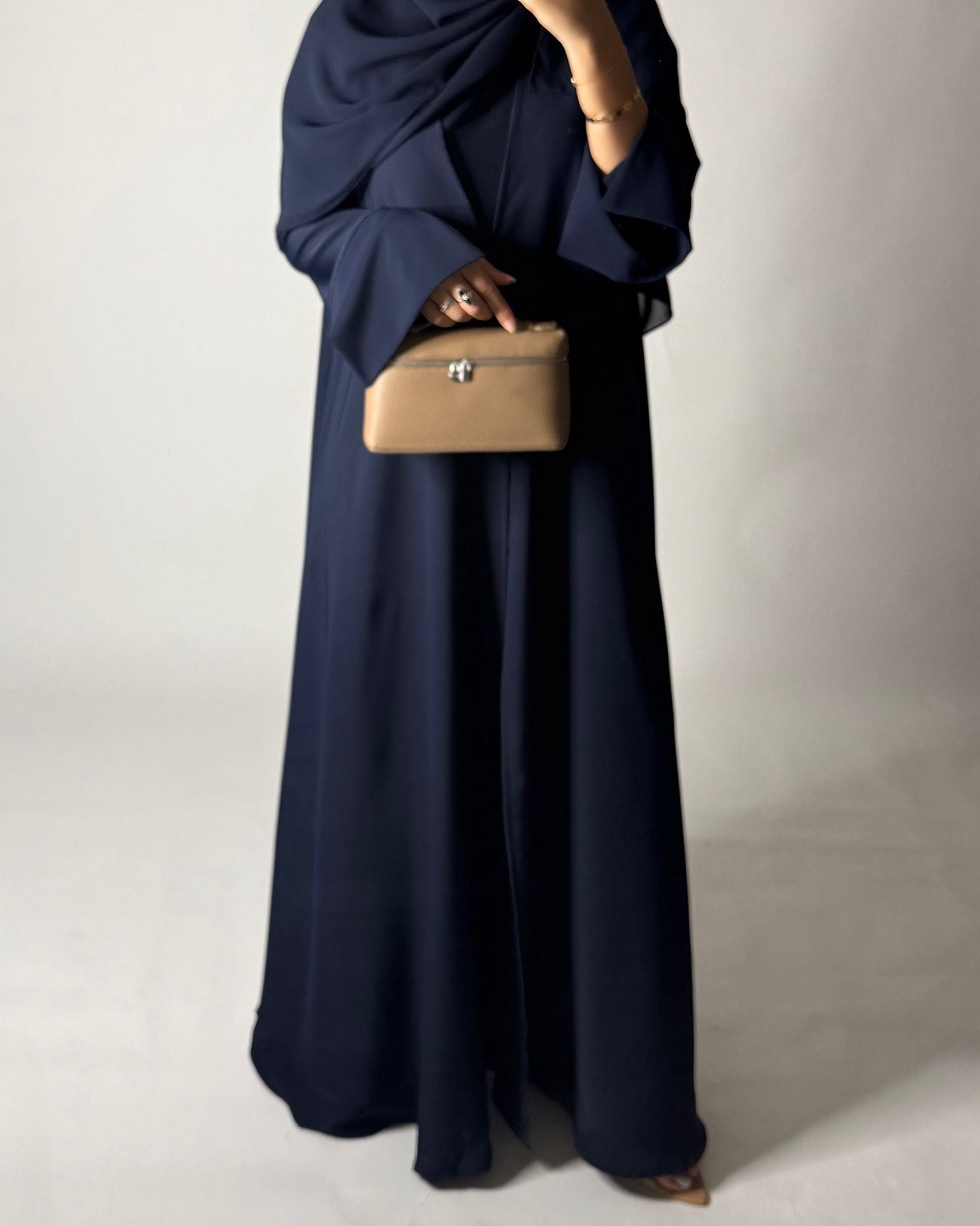A655 - Navy Blue Flowy Abaya with Flared Sleeves, Under Abaya Dress & Head Scarf