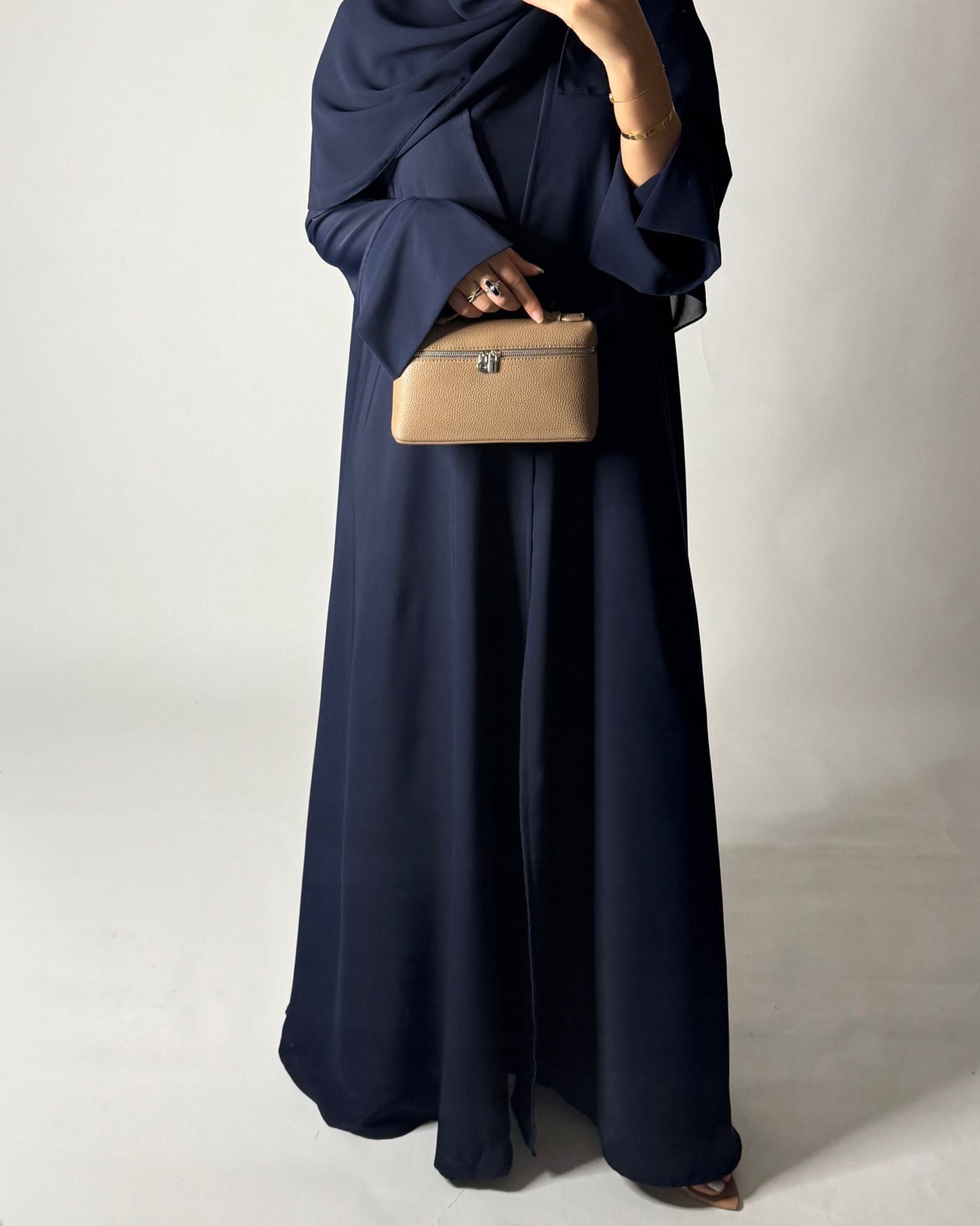 A655 - Navy Blue Flowy Abaya with Flared Sleeves, Under Abaya Dress & Head Scarf