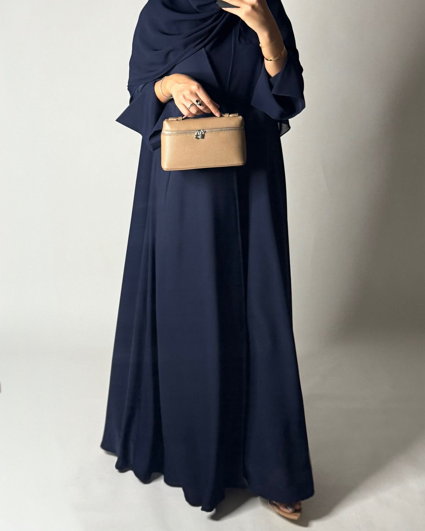 A655 - Navy Blue Flowy Abaya with Flared Sleeves, Under Abaya Dress & Head Scarf