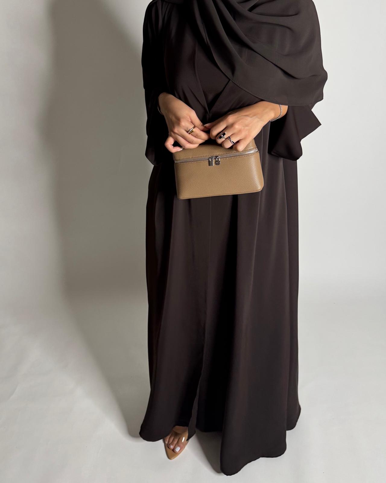 A656 - Dark Brown Flowy Abaya with Flared Sleeves, Under Abaya Dress & Head Scarf