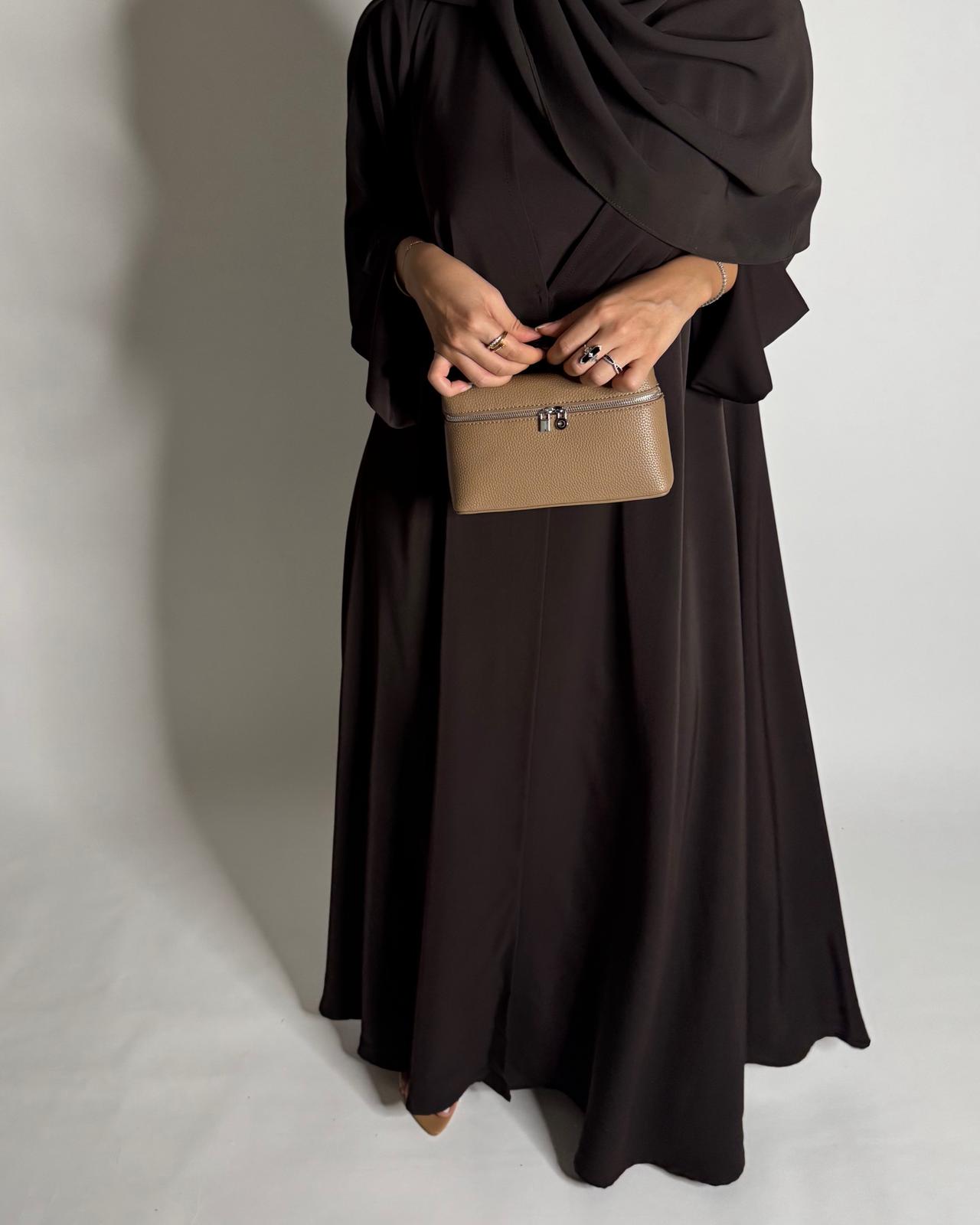 A656 - Dark Brown Flowy Abaya with Flared Sleeves, Under Abaya Dress & Head Scarf