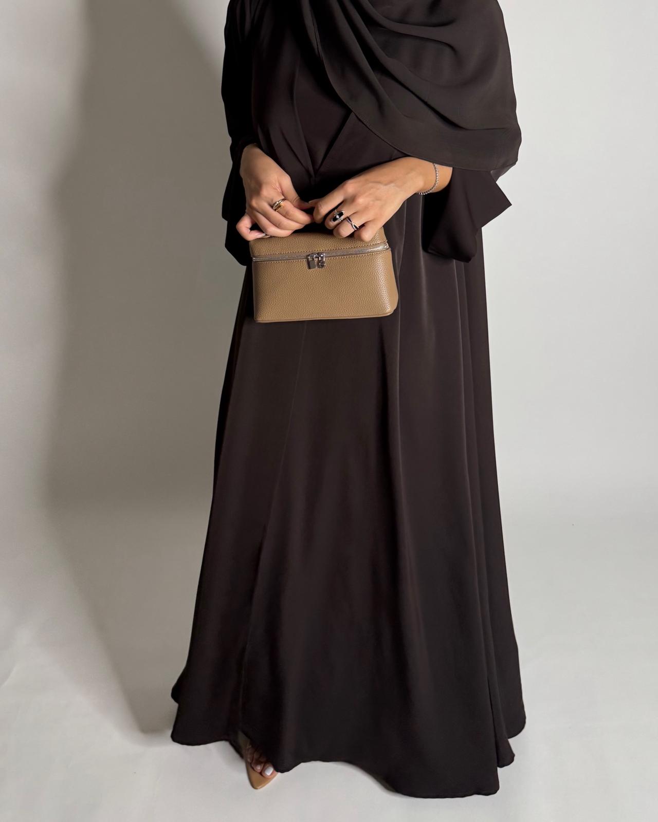 A656 - Dark Brown Flowy Abaya with Flared Sleeves, Under Abaya Dress & Head Scarf