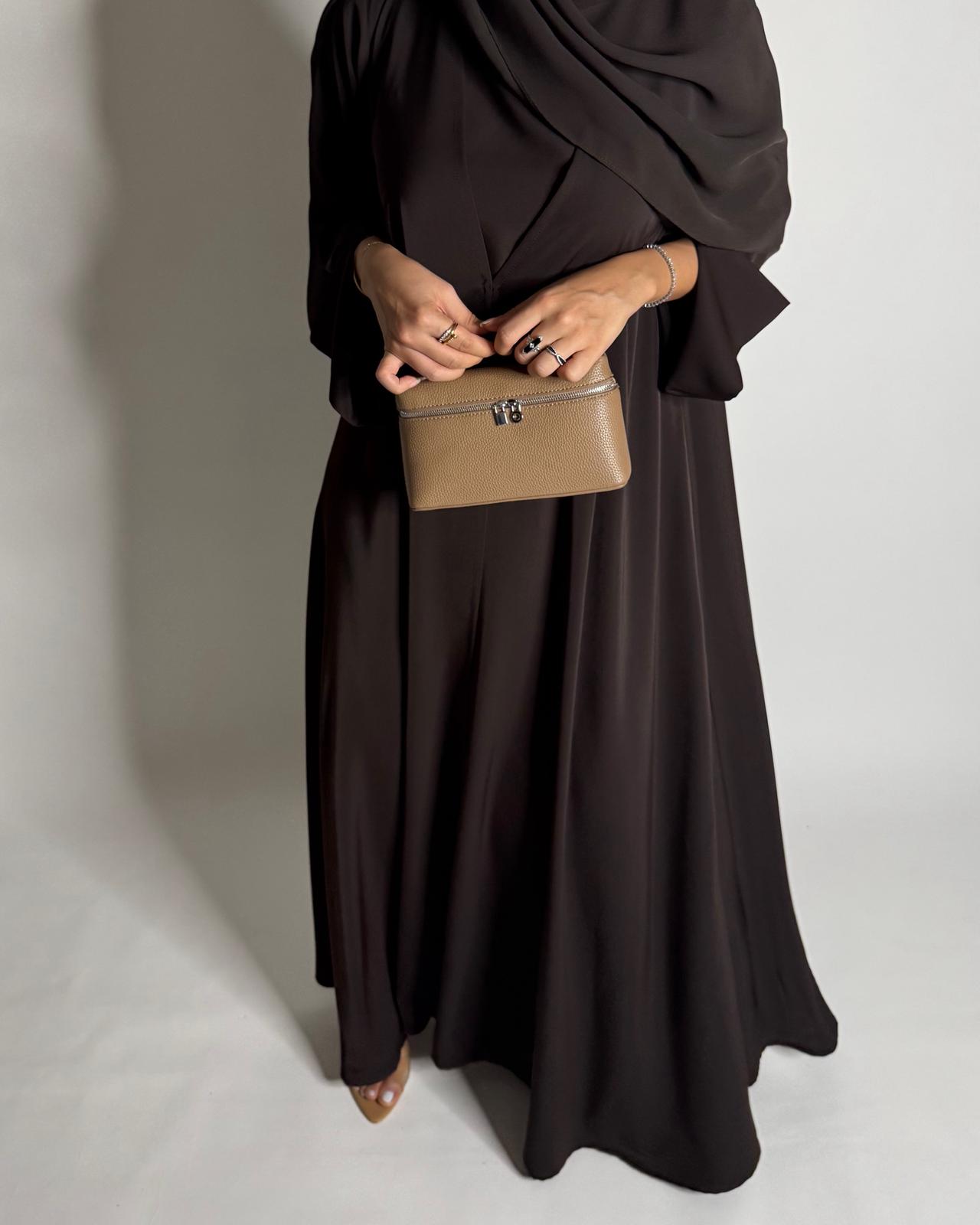 A656 - Dark Brown Flowy Abaya with Flared Sleeves, Under Abaya Dress & Head Scarf