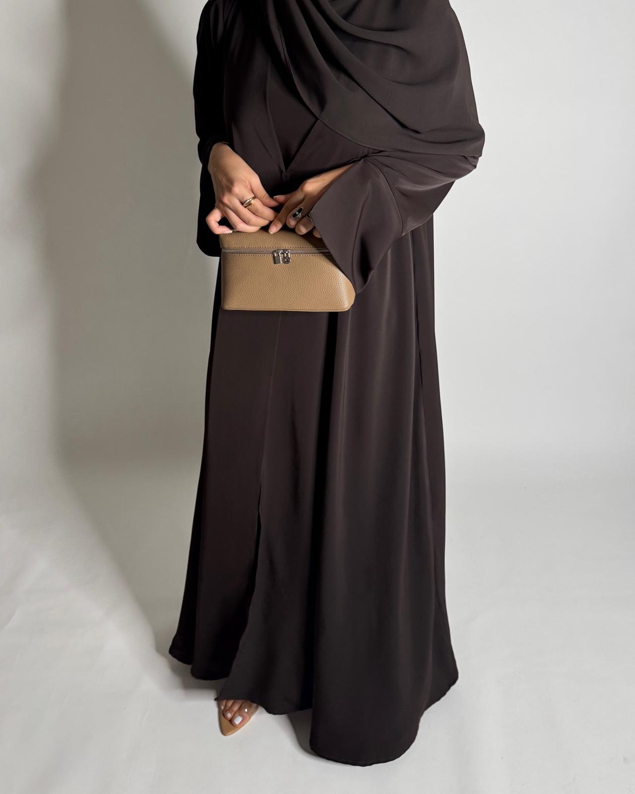 A656 - Dark Brown Flowy Abaya with Flared Sleeves, Under Abaya Dress & Head Scarf