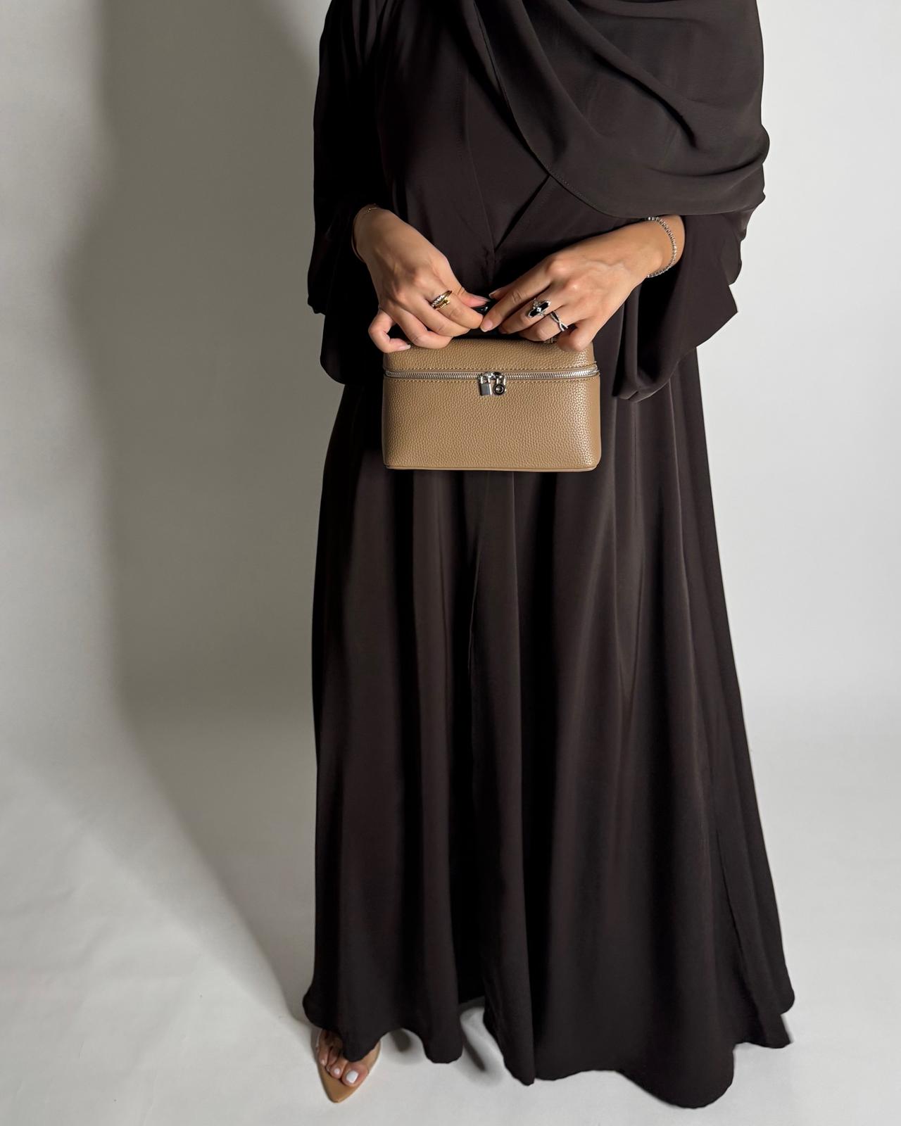 A656 - Dark Brown Flowy Abaya with Flared Sleeves, Under Abaya Dress & Head Scarf