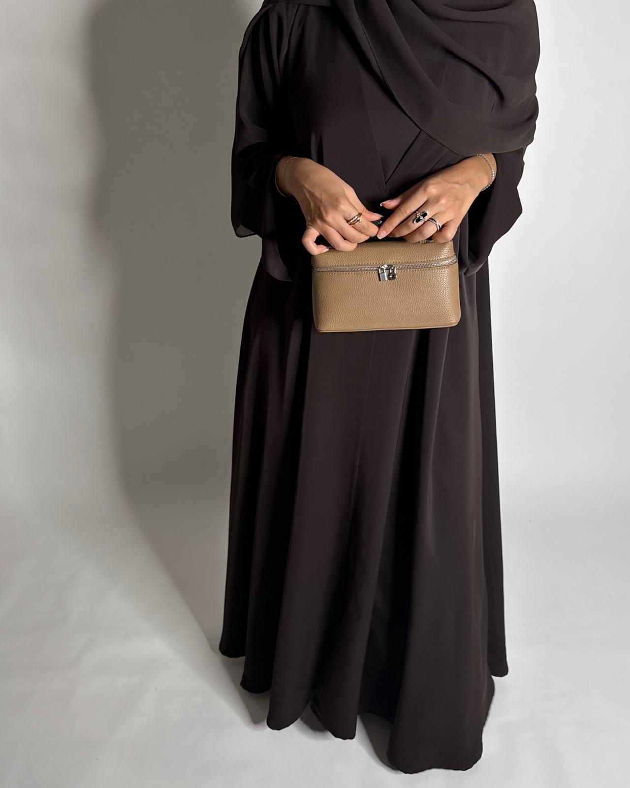 A656 - Dark Brown Flowy Abaya with Flared Sleeves, Under Abaya Dress & Head Scarf