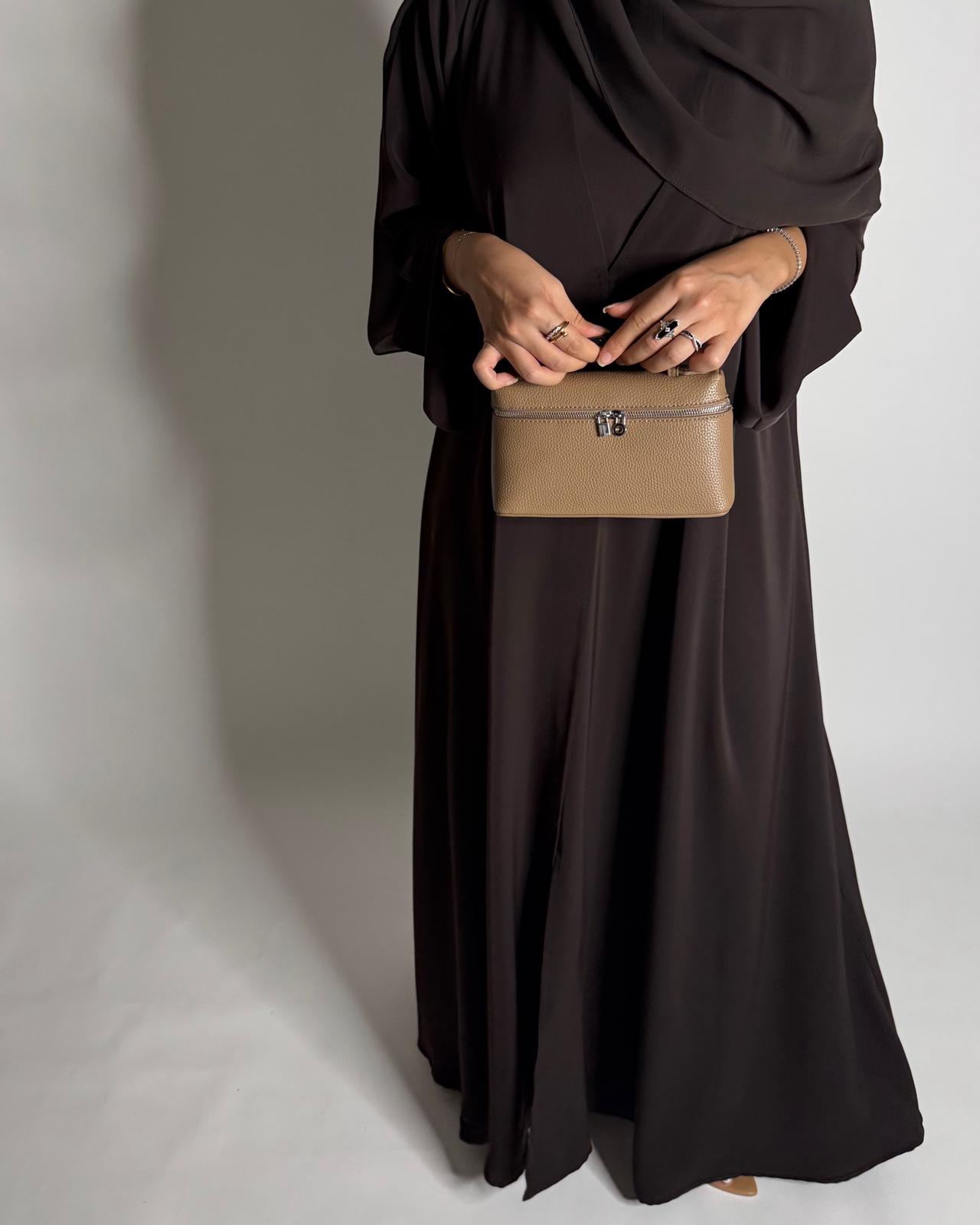 A656 - Dark Brown Flowy Abaya with Flared Sleeves, Under Abaya Dress & Head Scarf
