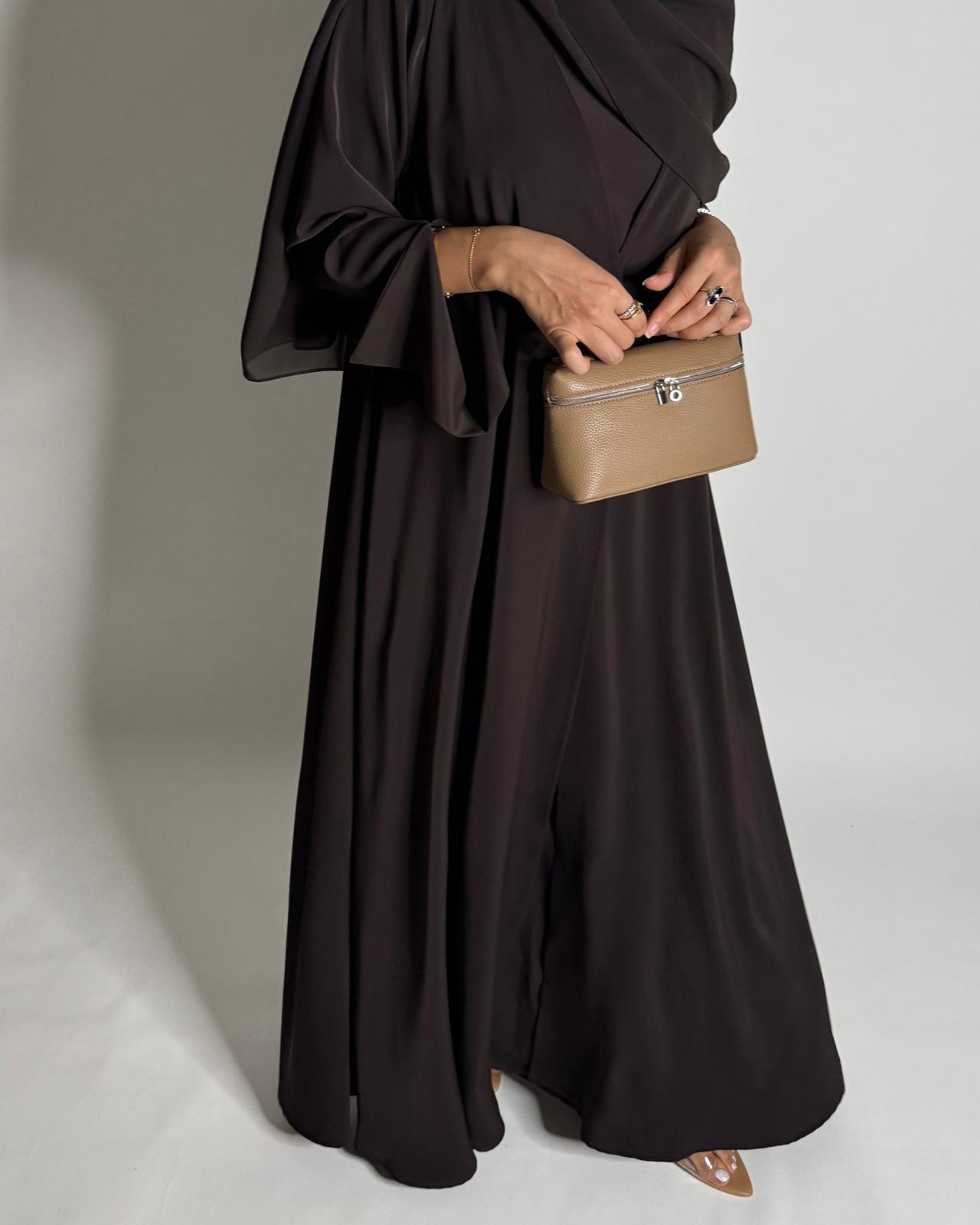 A656 - Dark Brown Flowy Abaya with Flared Sleeves, Under Abaya Dress & Head Scarf