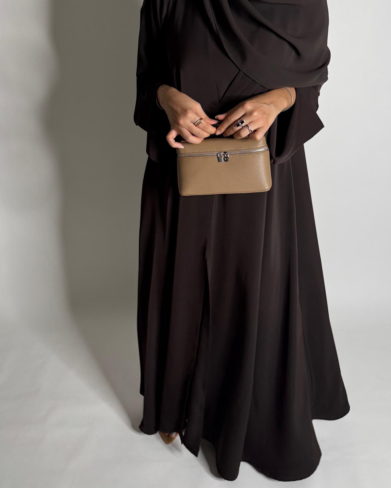 A656 - Dark Brown Flowy Abaya with Flared Sleeves, Under Abaya Dress & Head Scarf