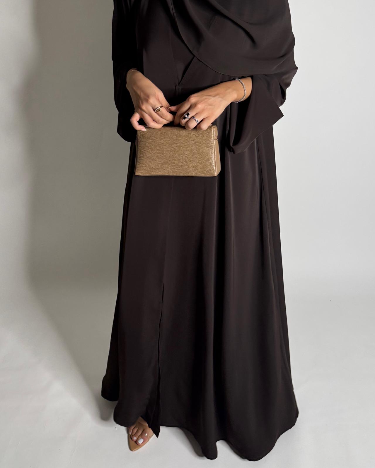 A656 - Dark Brown Flowy Abaya with Flared Sleeves, Under Abaya Dress & Head Scarf