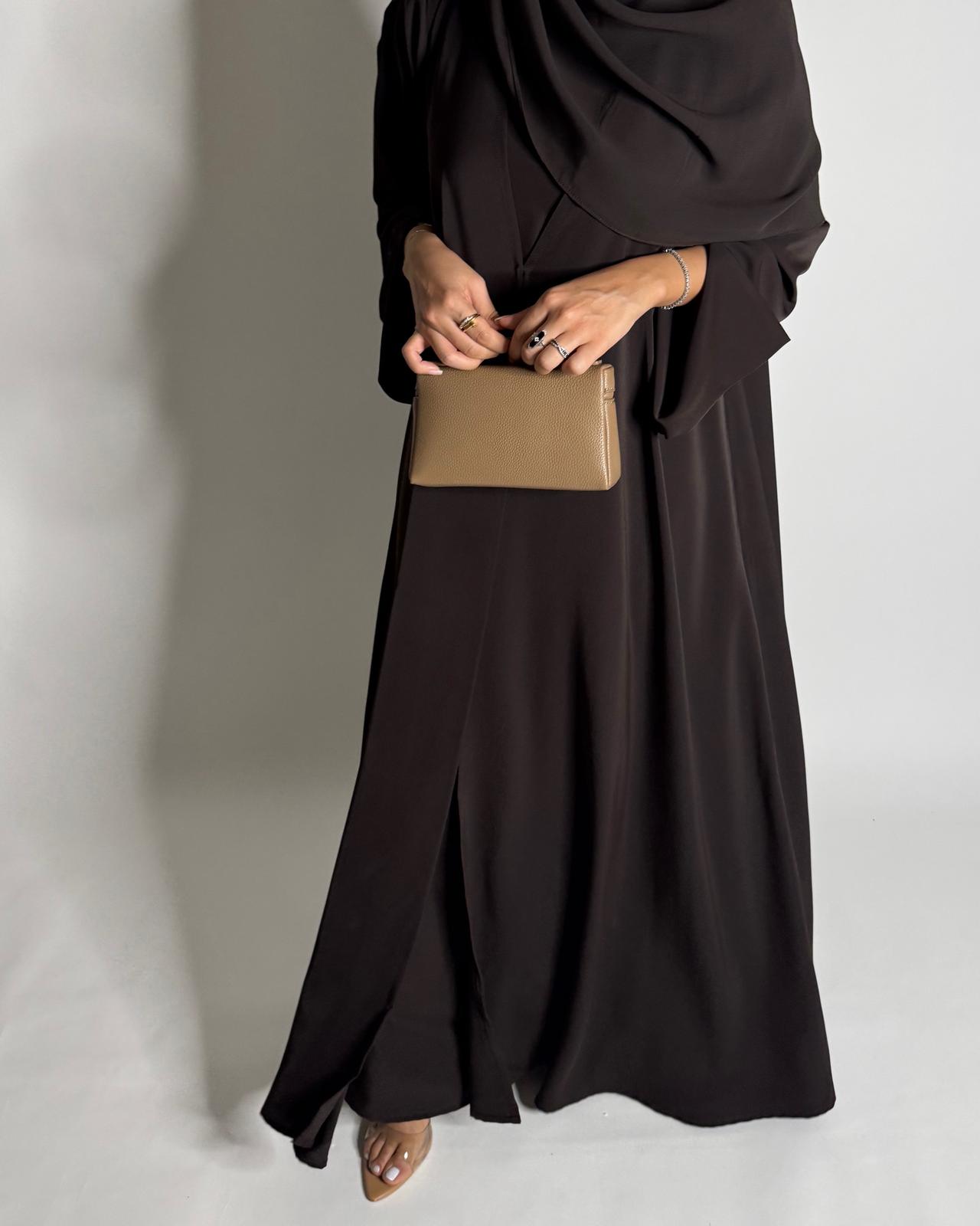A656 - Dark Brown Flowy Abaya with Flared Sleeves, Under Abaya Dress & Head Scarf