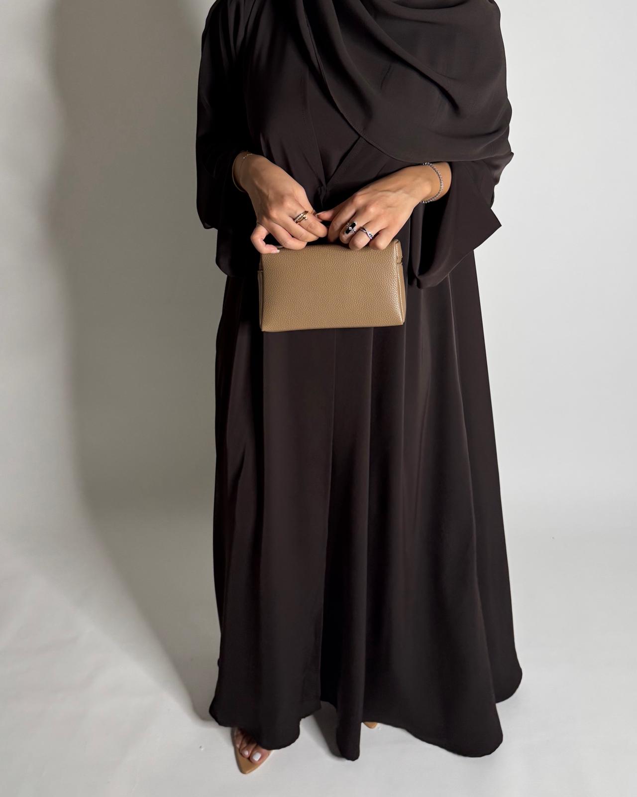 A656 - Dark Brown Flowy Abaya with Flared Sleeves, Under Abaya Dress & Head Scarf