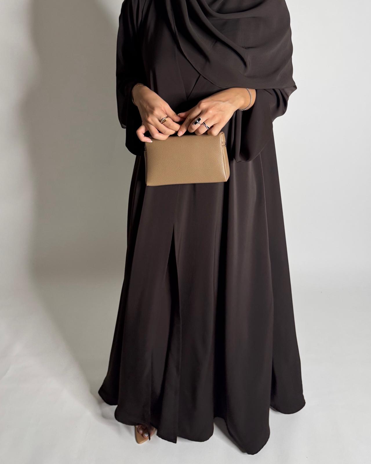 A656 - Dark Brown Flowy Abaya with Flared Sleeves, Under Abaya Dress & Head Scarf