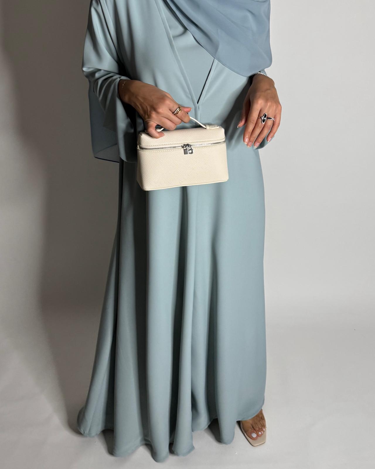A650 - Blue Flowy Abaya with Flared Sleeves, Under Abaya Dress & Head Scarf