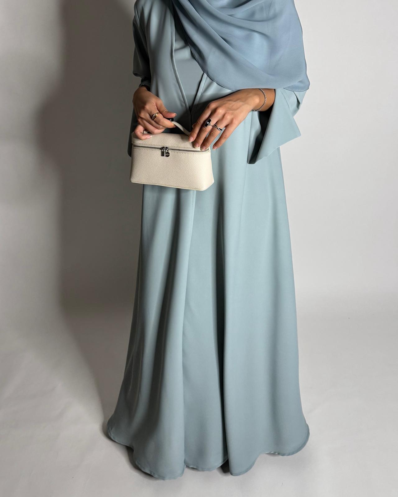 A650 - Blue Flowy Abaya with Flared Sleeves, Under Abaya Dress & Head Scarf